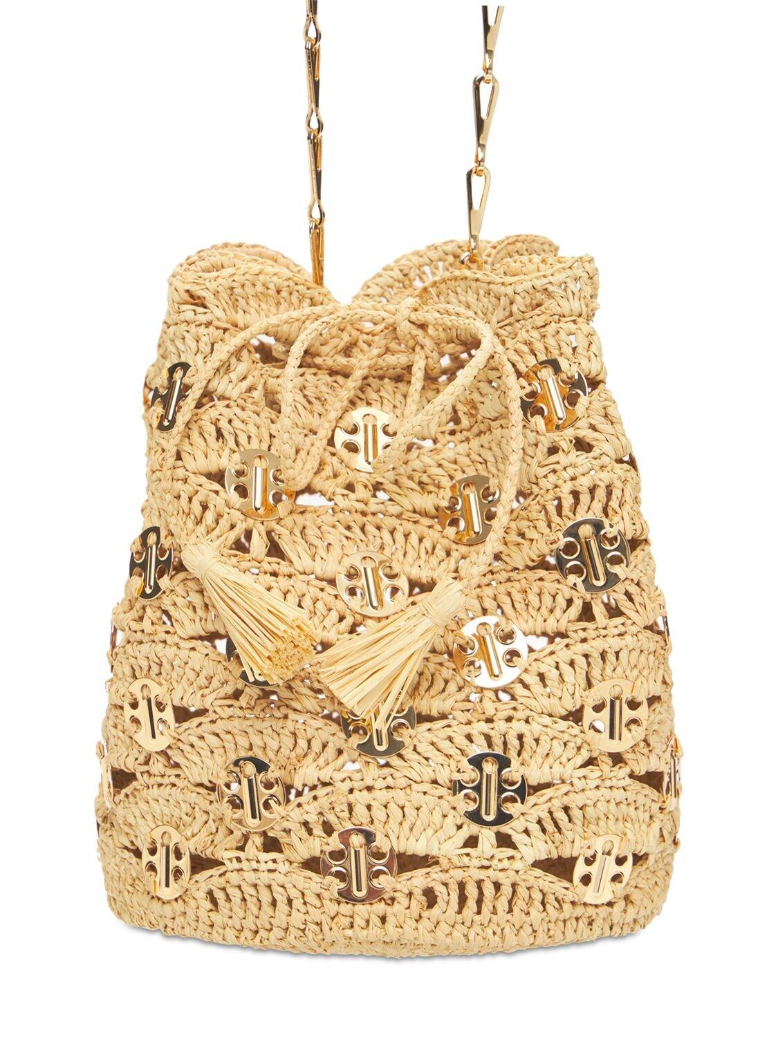 Embellished Raffia Bucket Bag in Multicoloured - Rabanne