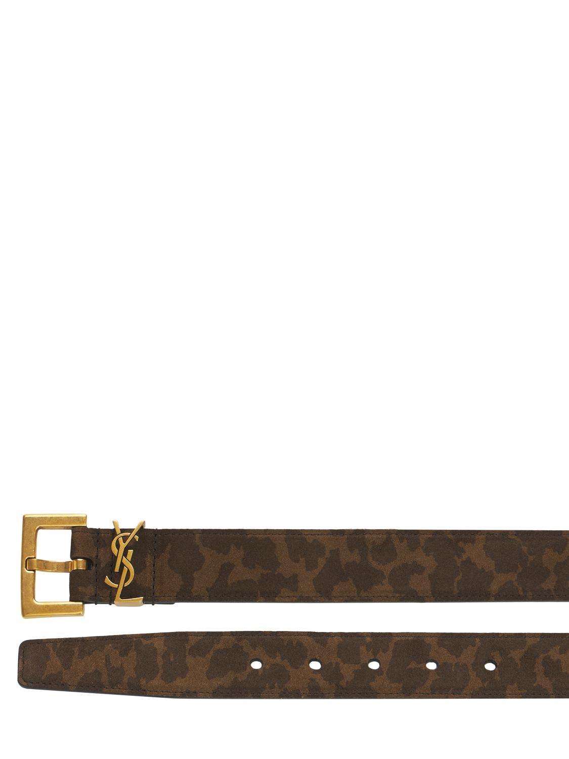 Saint Laurent 30mm Monogram Leo Suede Leather Belt in Brown 