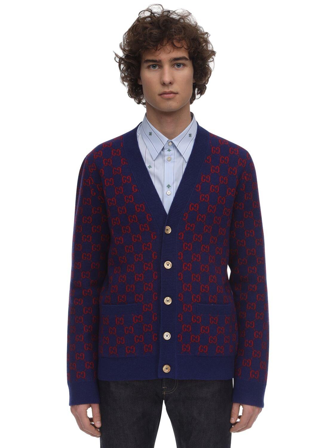 Gucci Jaquard Knit Wool Cashmere Cardigan in Blue/Red (Blue) for Men Lyst