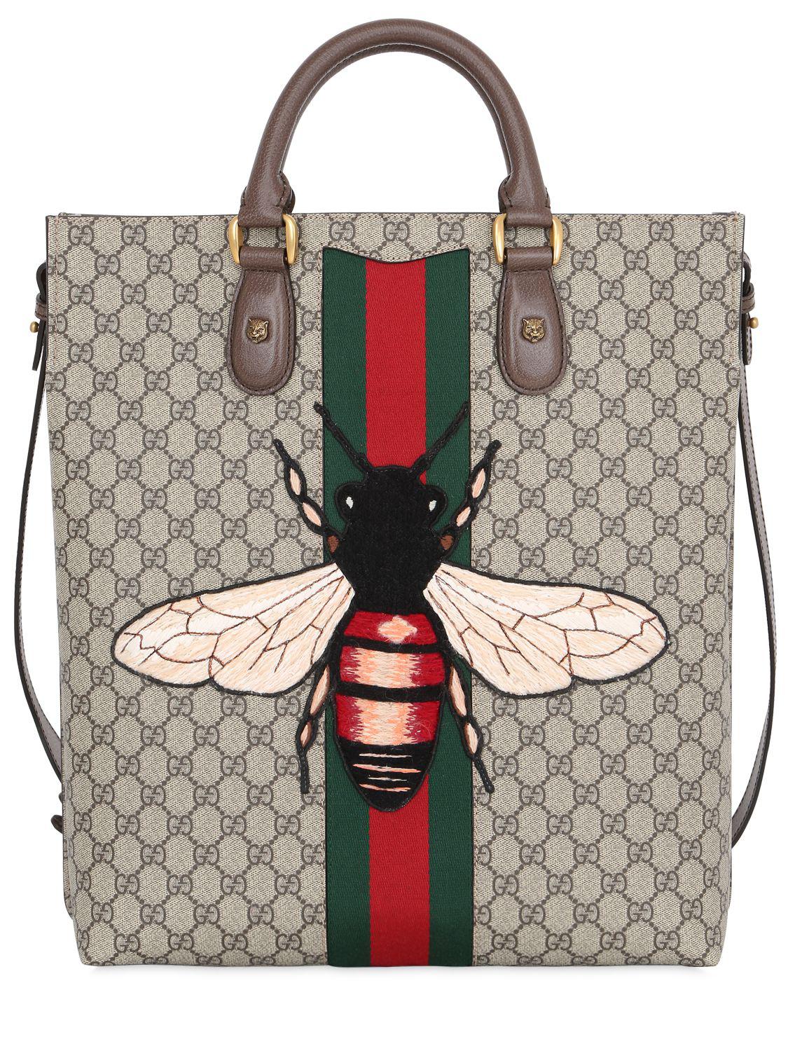 Gucci Leather Bee Patch Gg Supreme Tote Bag in Beige (Natural) - Lyst