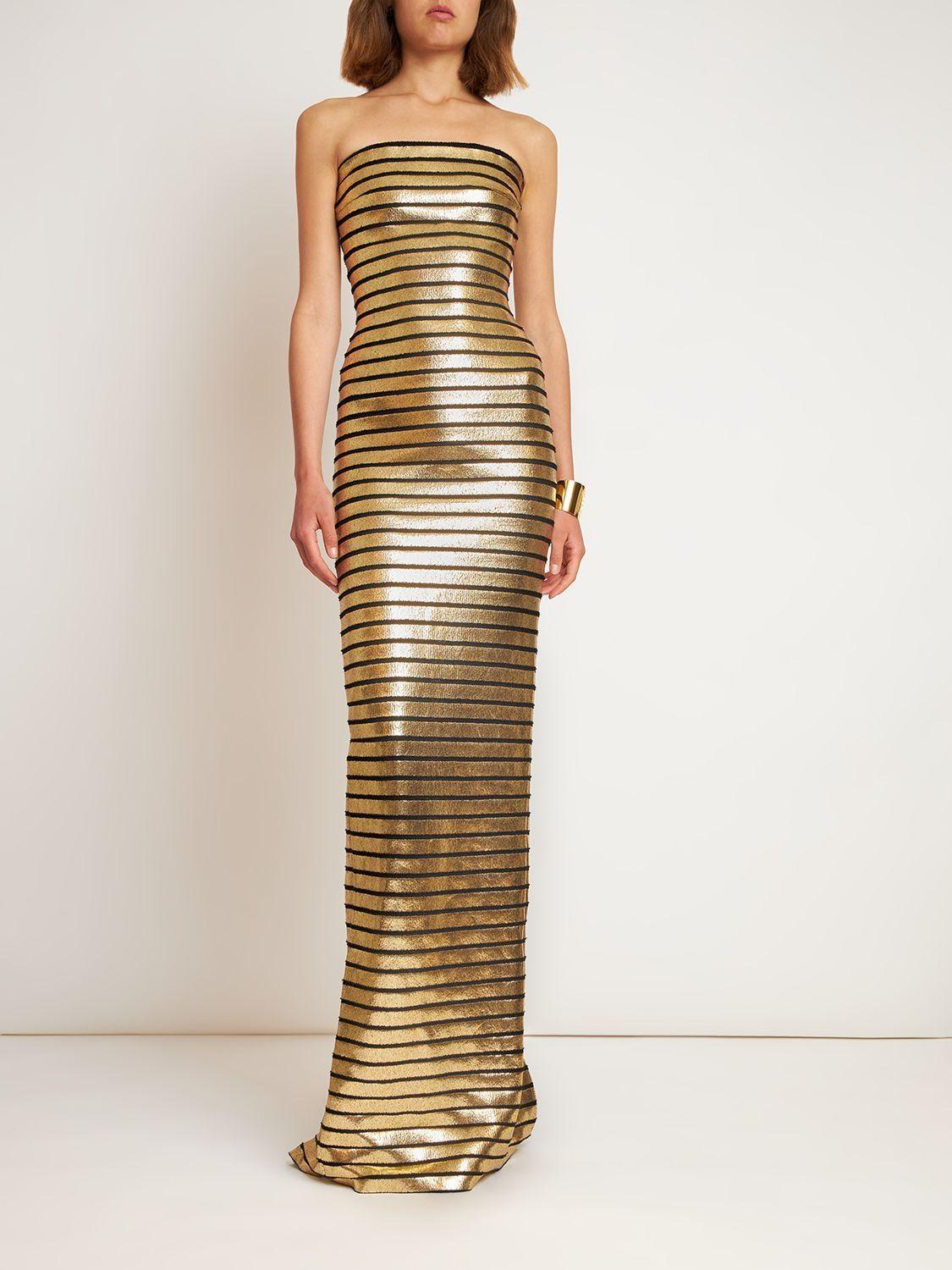 Optimistisk chokerende der Balmain Strapless Golden Striped Gown in Metallic | Lyst