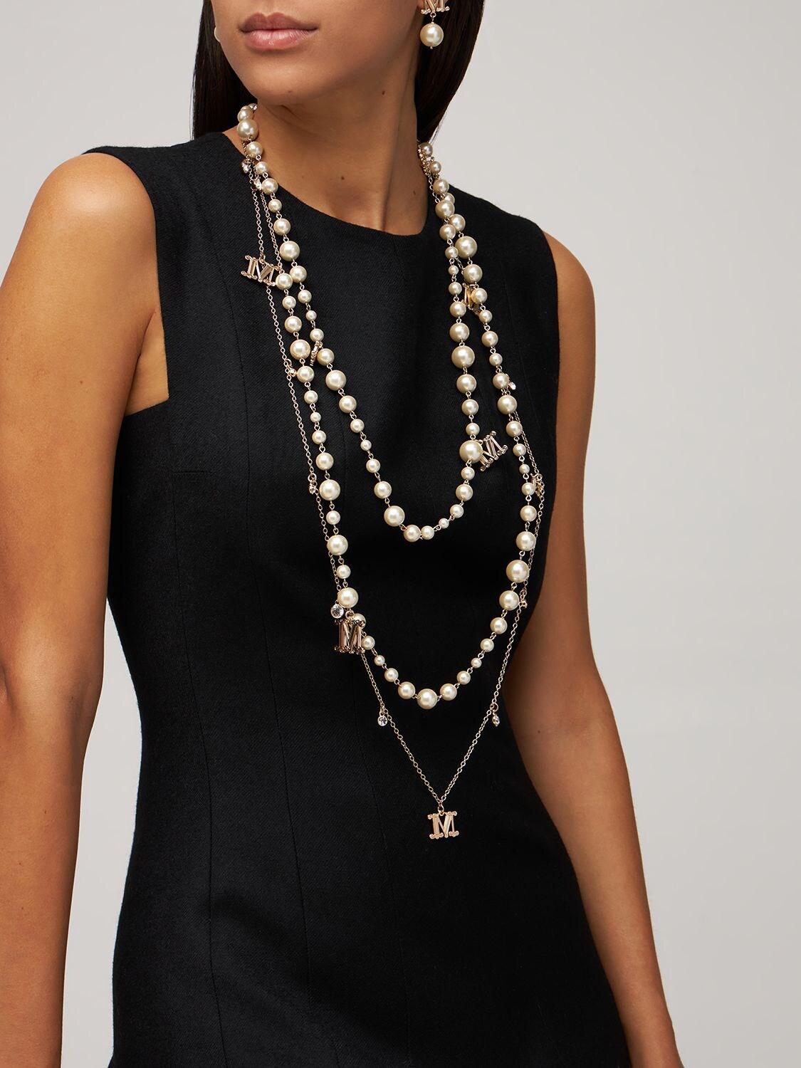Max Mara Monogram Crystal & Faux Pearl Necklace in White | Lyst UK