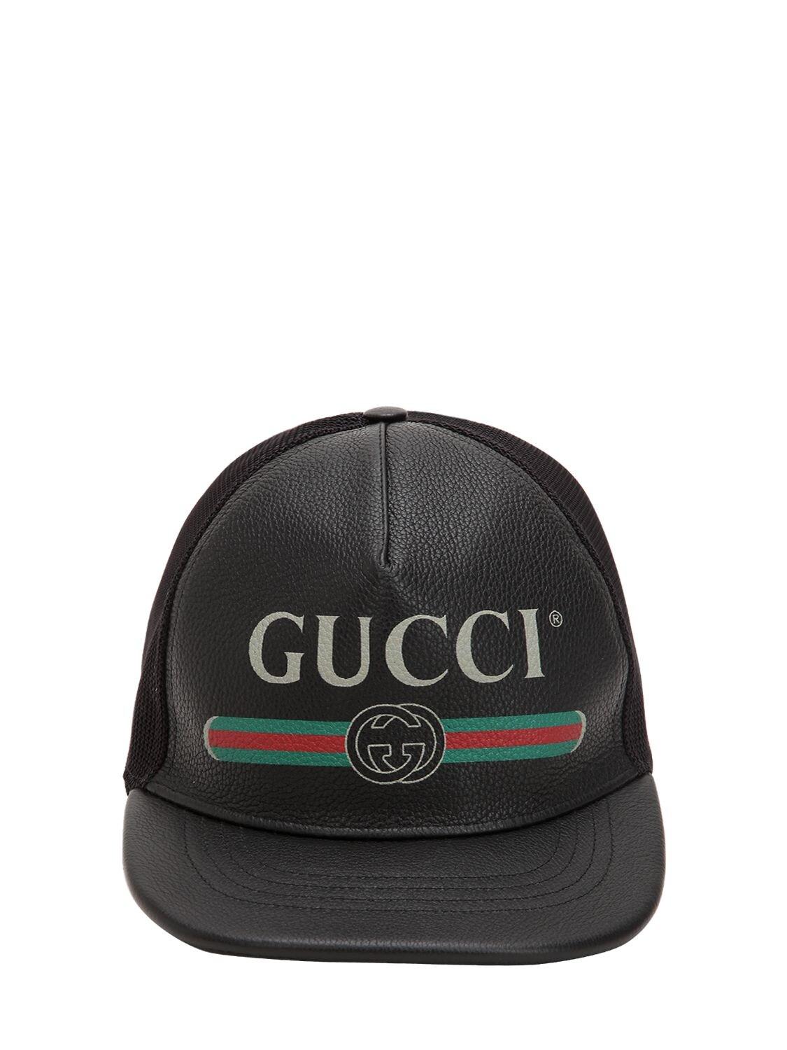 Gucci Fake Logo Leather Cap in Black for Men | Lyst