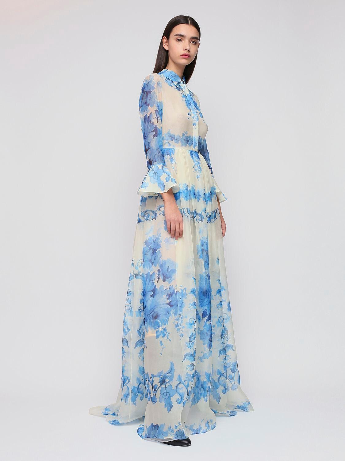 Valentino Ceramic Printed Silk Organza Long Dress in Blue | Lyst