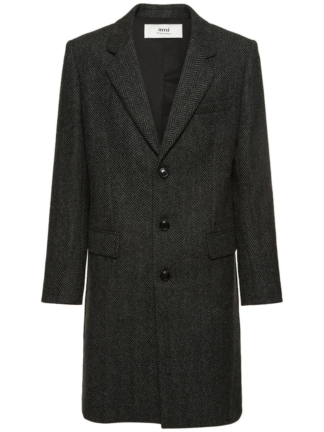 AMI Wool Herringbone Coat in Black for Men | Lyst