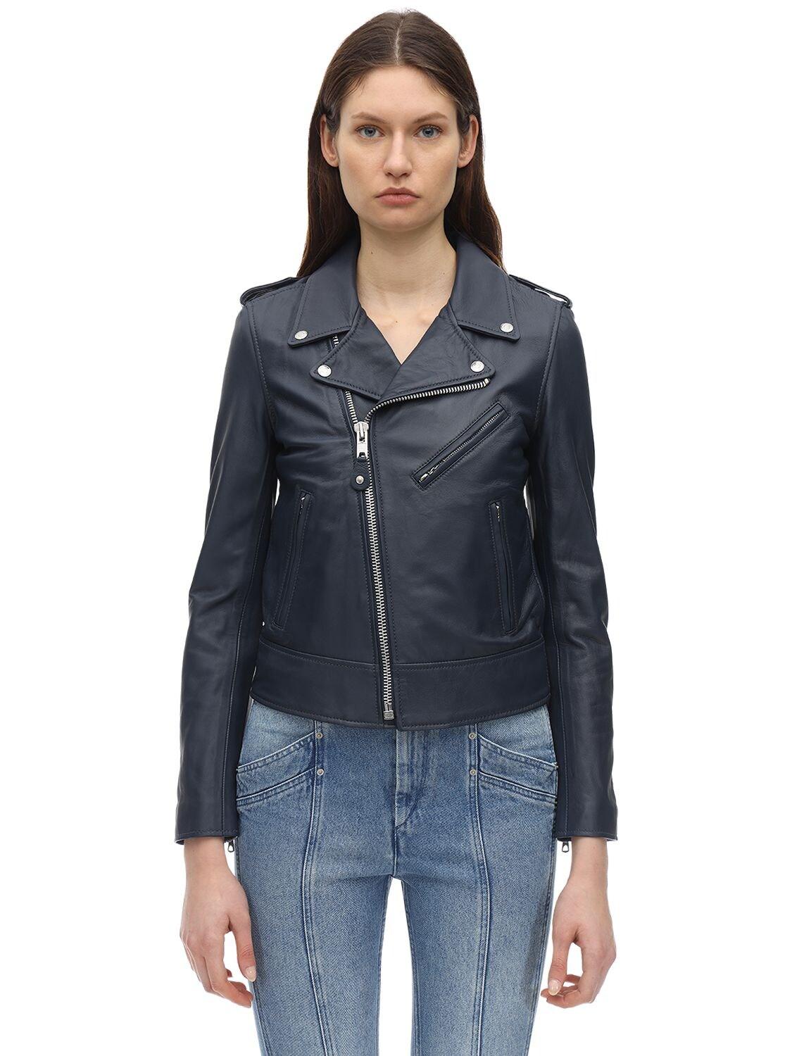 Schott Nyc Perfect Leather Biker Jacket In Navy Blue Lyst