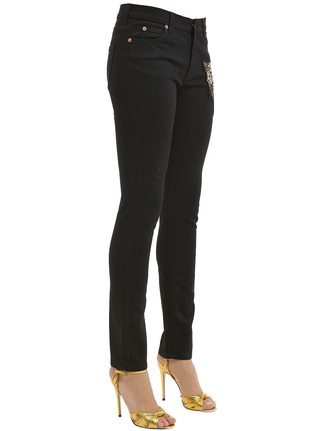 Gucci Skinny Tiger Patch Denim Jeans in Black - Lyst