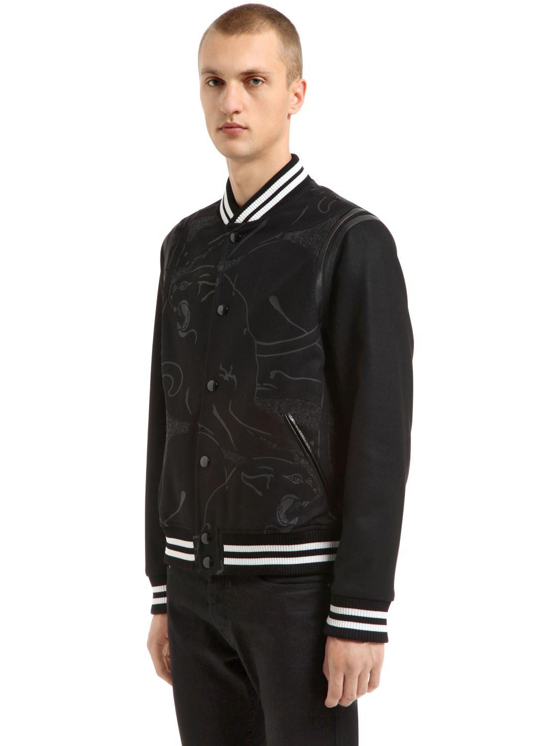Valentino Panther Leather & Wool Varsity Jacket in Black/Grey ...