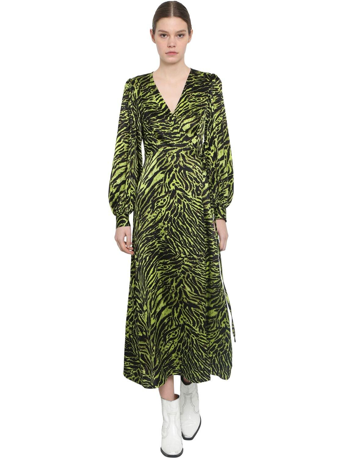 Ganni Silk Patterned Dress With Long Sleeves in Lime Tiger (Green ...