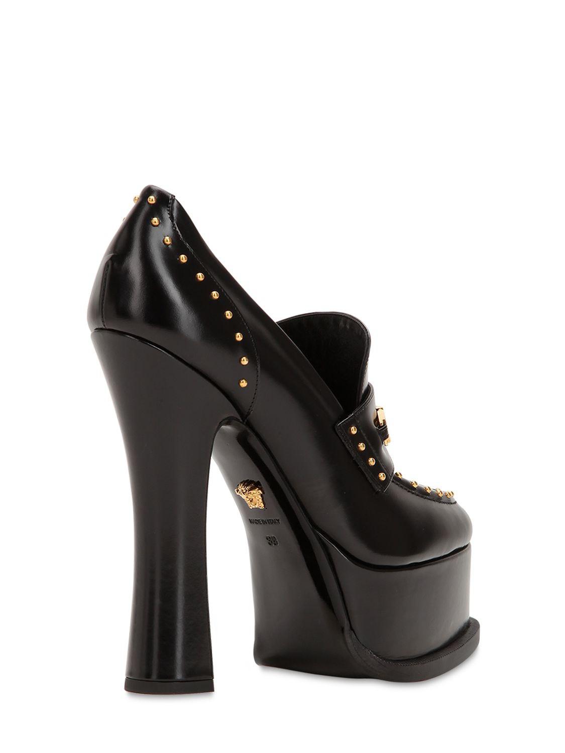 Versace Leather Icon Platform Loafer Heels in Black - Lyst