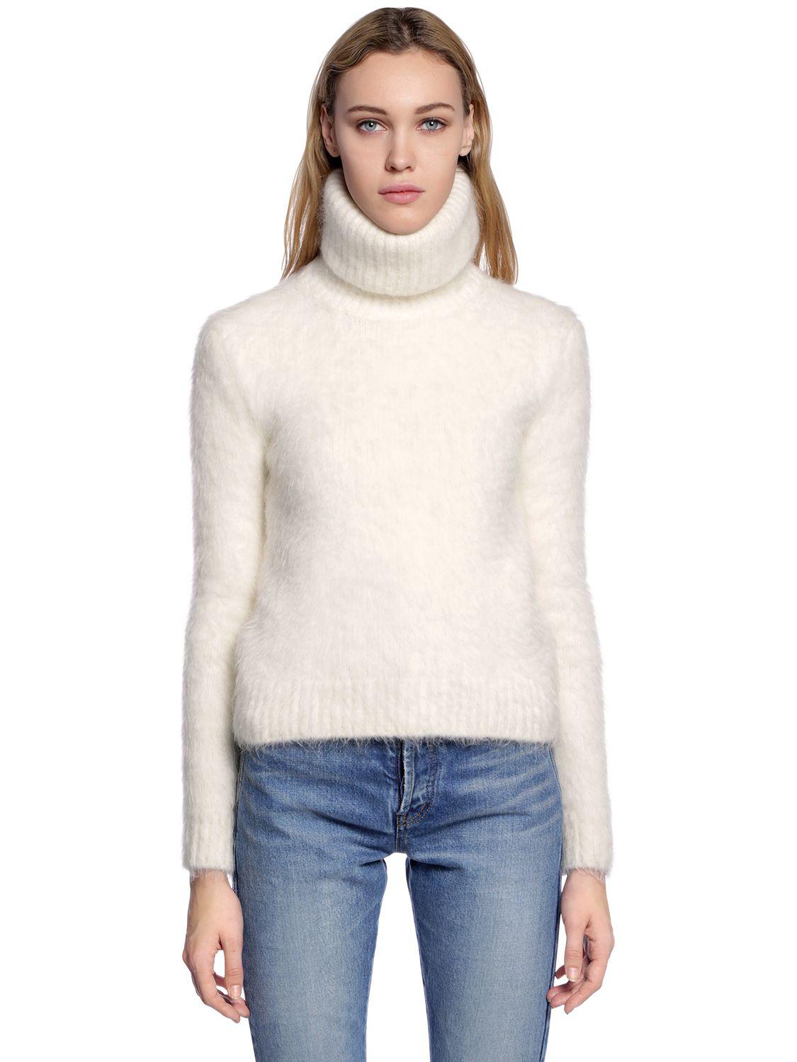 Womens Clothing Jumpers and knitwear Turtlenecks Saint Laurent Wool Cropped Mohair-blend Turtleneck Sweater 