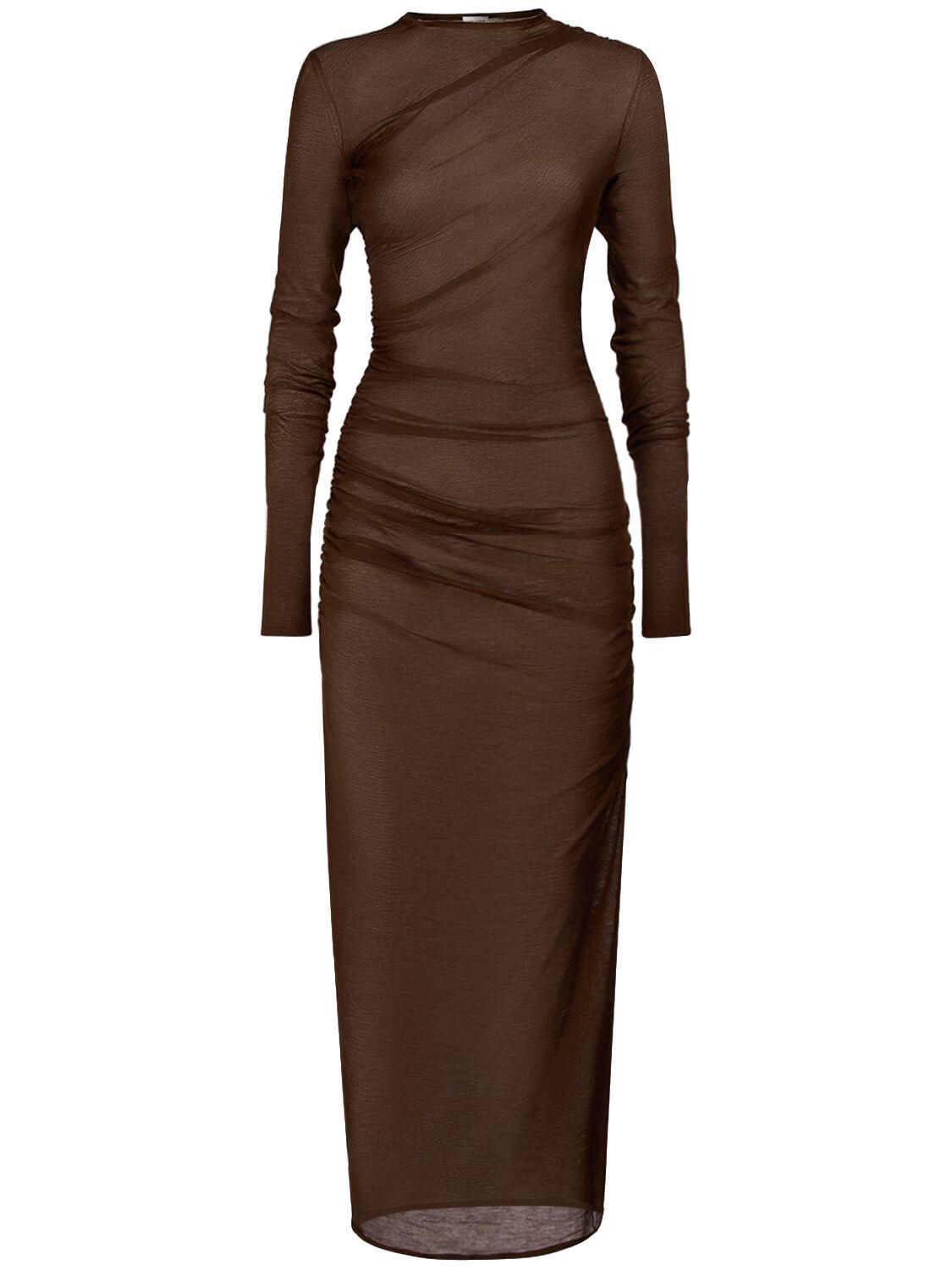 ワンピース SAINT LAURENT WOOL BLEND LONG PENCIL DRESS Saint Laurent Transparent Wool Blend Long Dress in Brown | Lyst