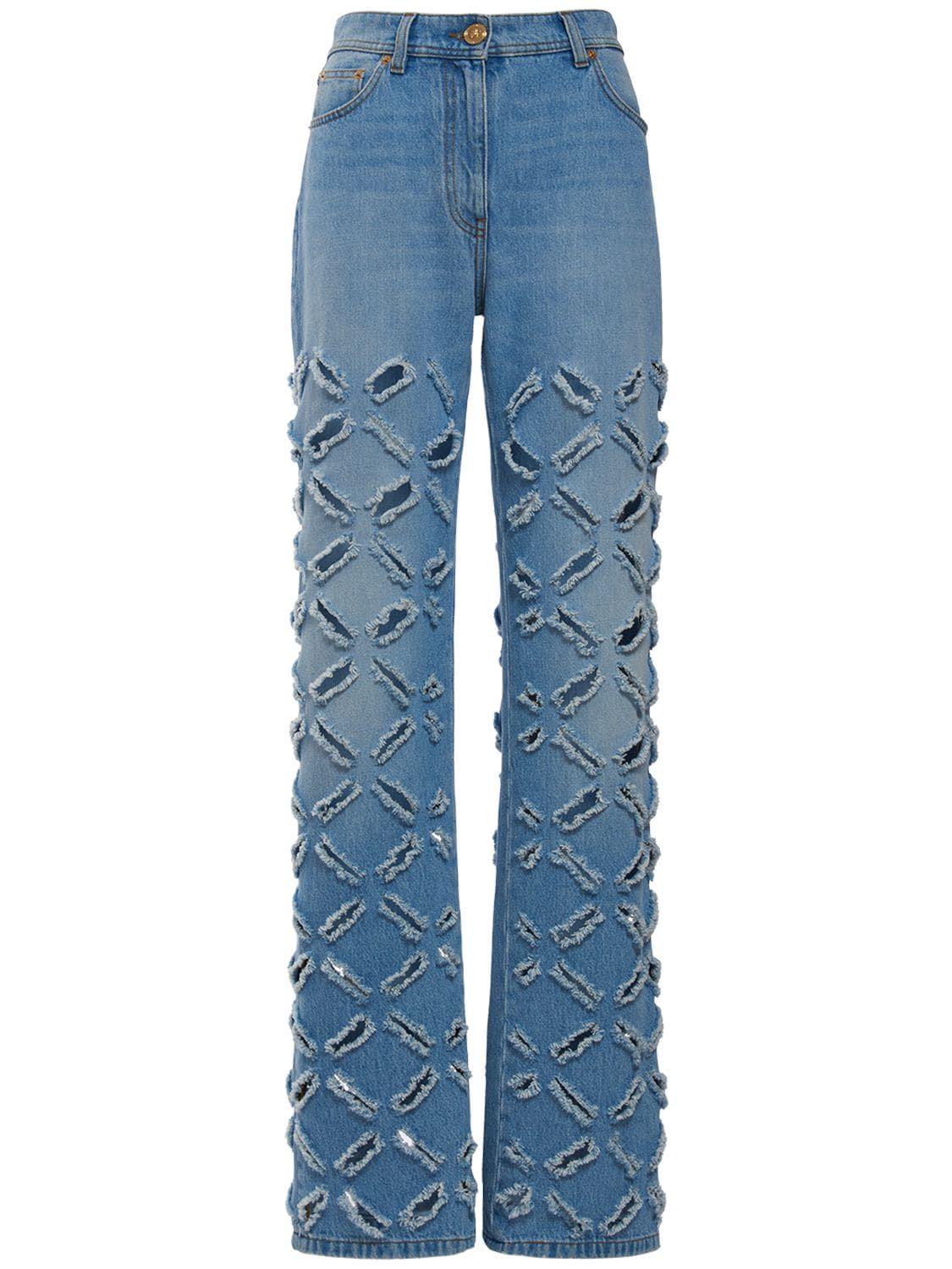 Versace Mid Rise Cotton Denim Wide Leg Jeans in Blue | Lyst