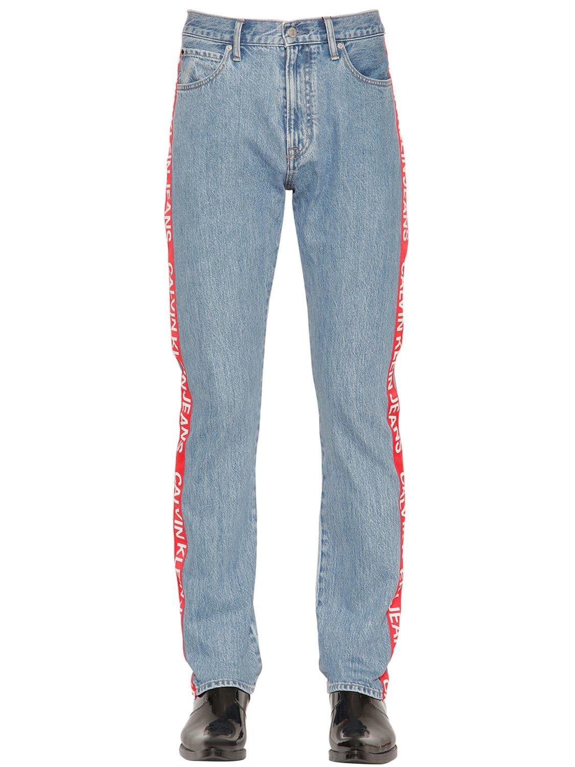 Calvin Klein Straight Leg Logo Tape Denim Jeans in Blue for Men - Lyst