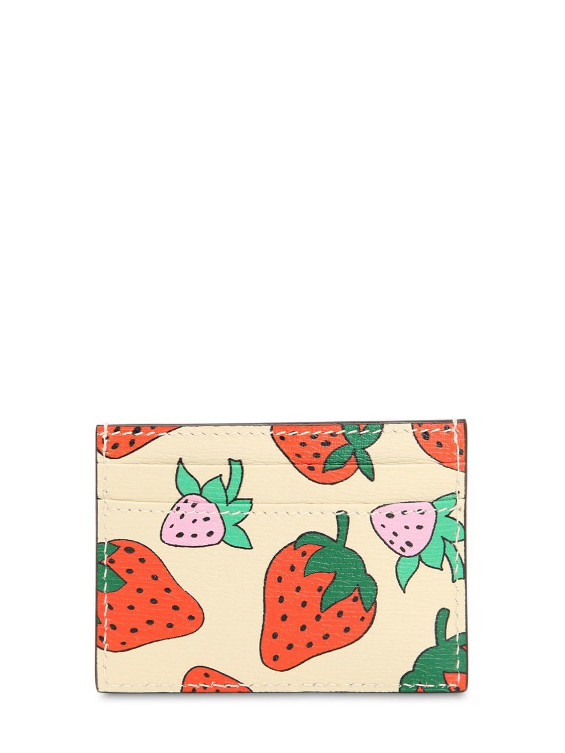 Gucci Strawberry Print Leather Card Holder in Red | Lyst