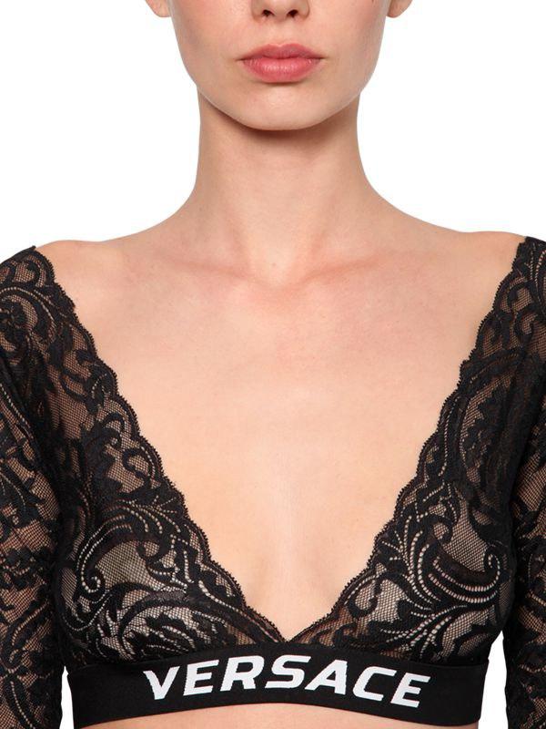 Versace Logo Printed Lace Bra Top in Black | Lyst
