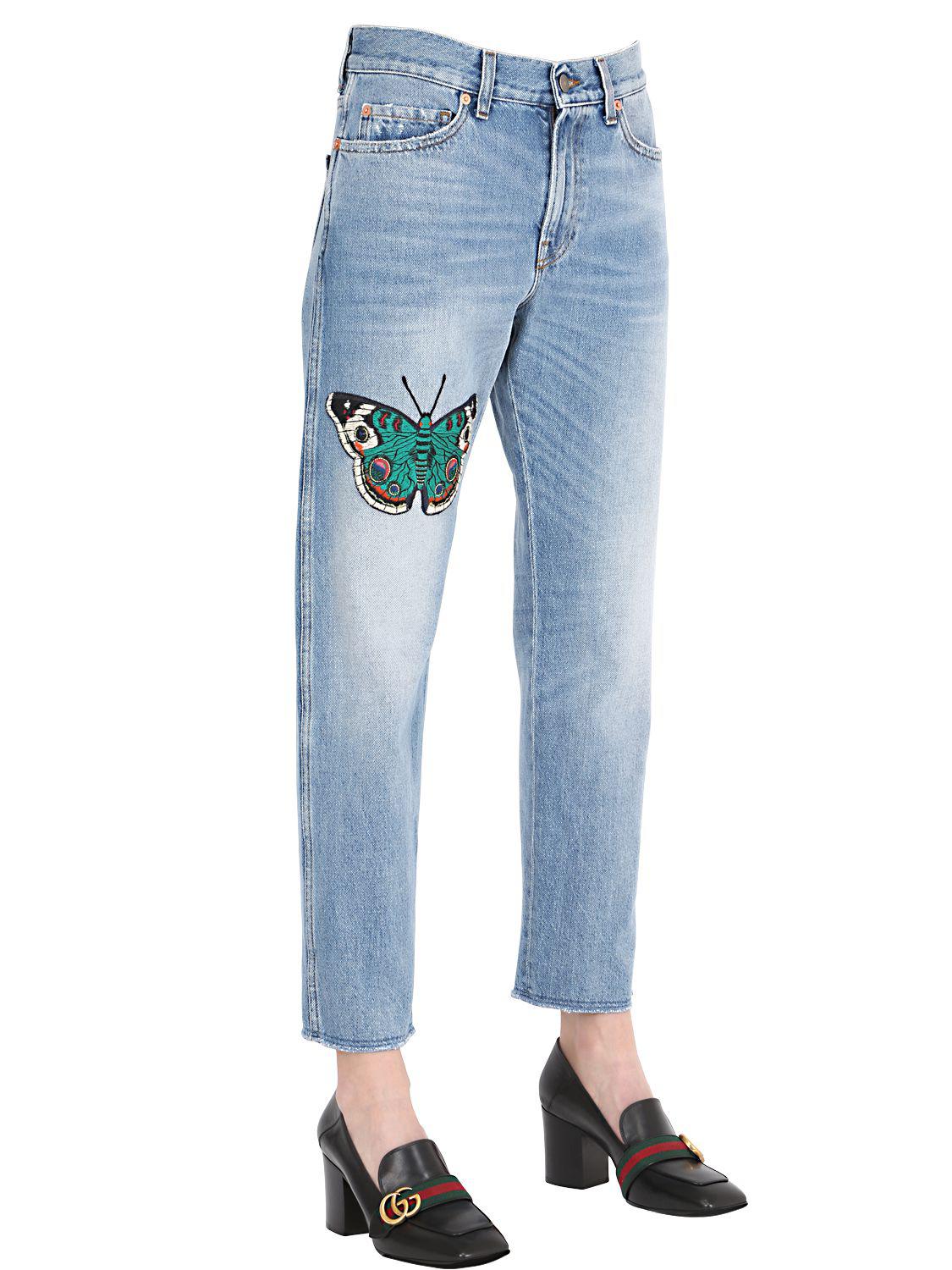 zeemijl Uitputting Berekening Gucci Boyfriend Butterfly Patch Denim Jeans in Blue | Lyst