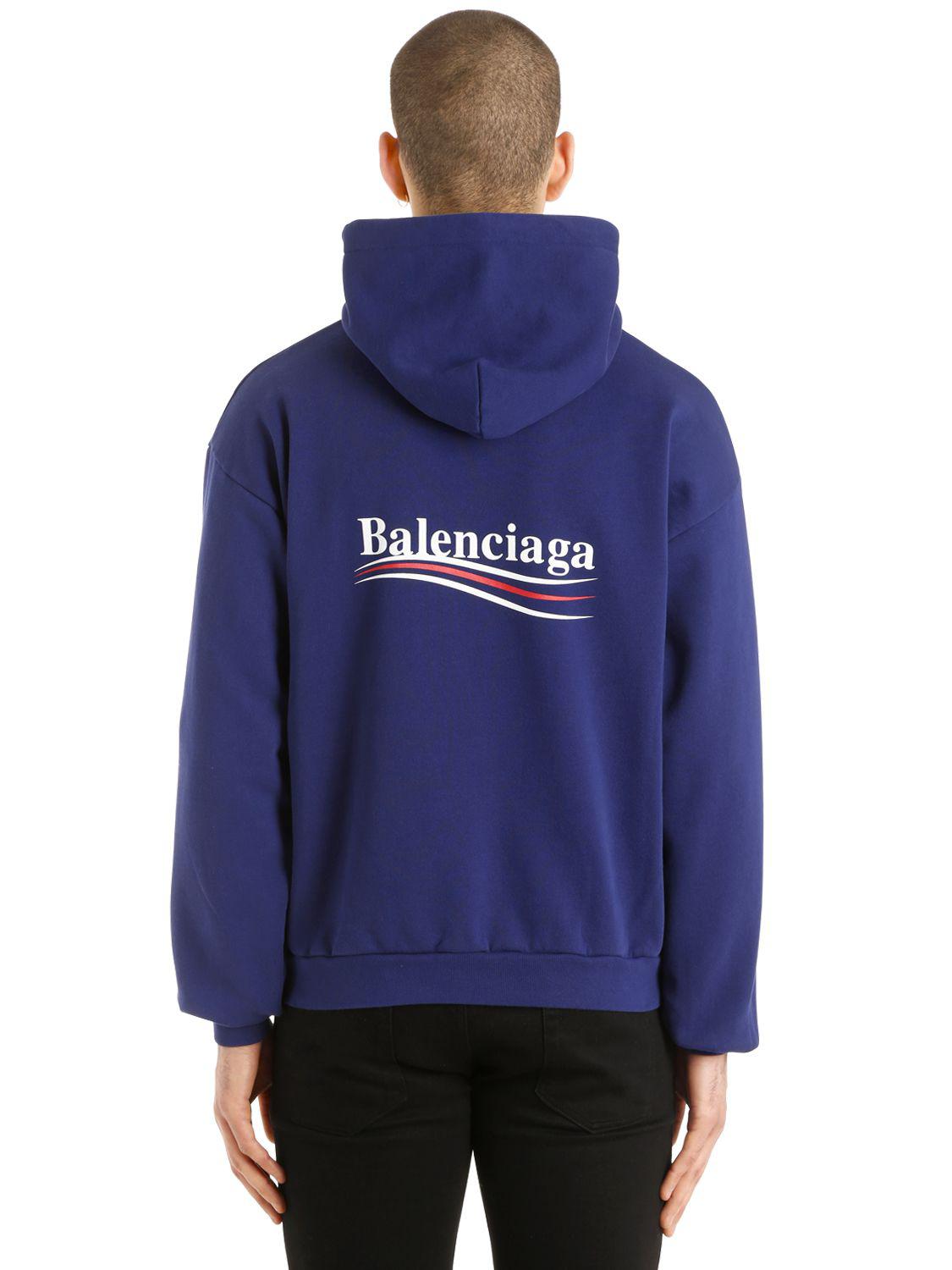 Balenciaga Political Logo Hooded Cotton Sweatshirt In Blue For Men Lyst