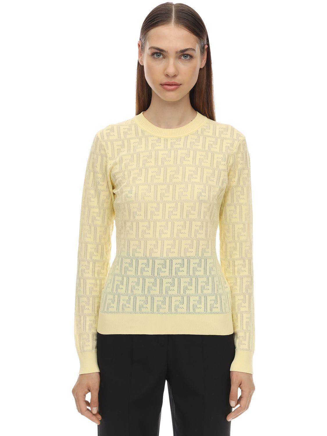 Fendi Logo Intarsia Knit Sweater in Yellow - Lyst