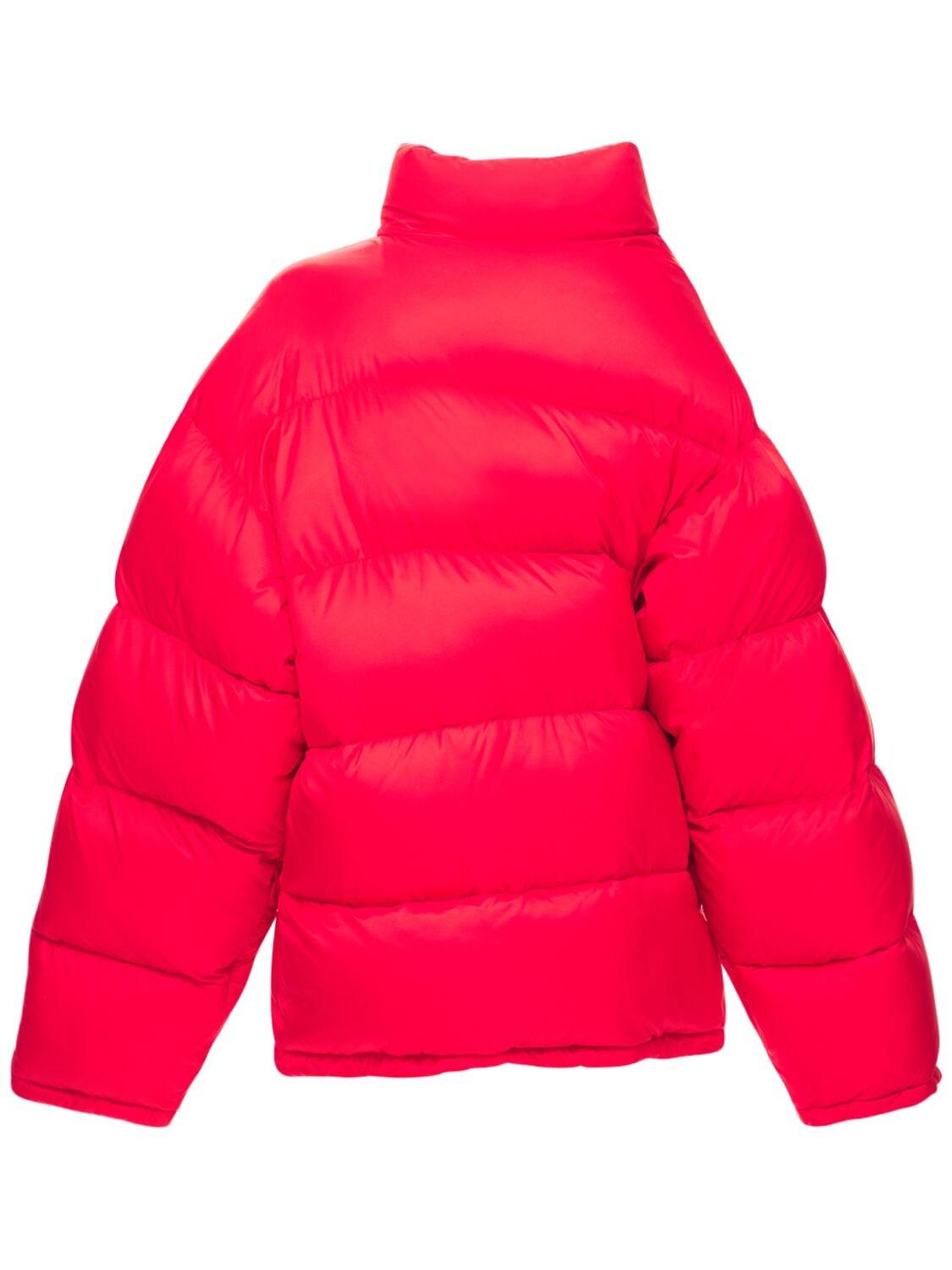 red and blue puffer jacket
