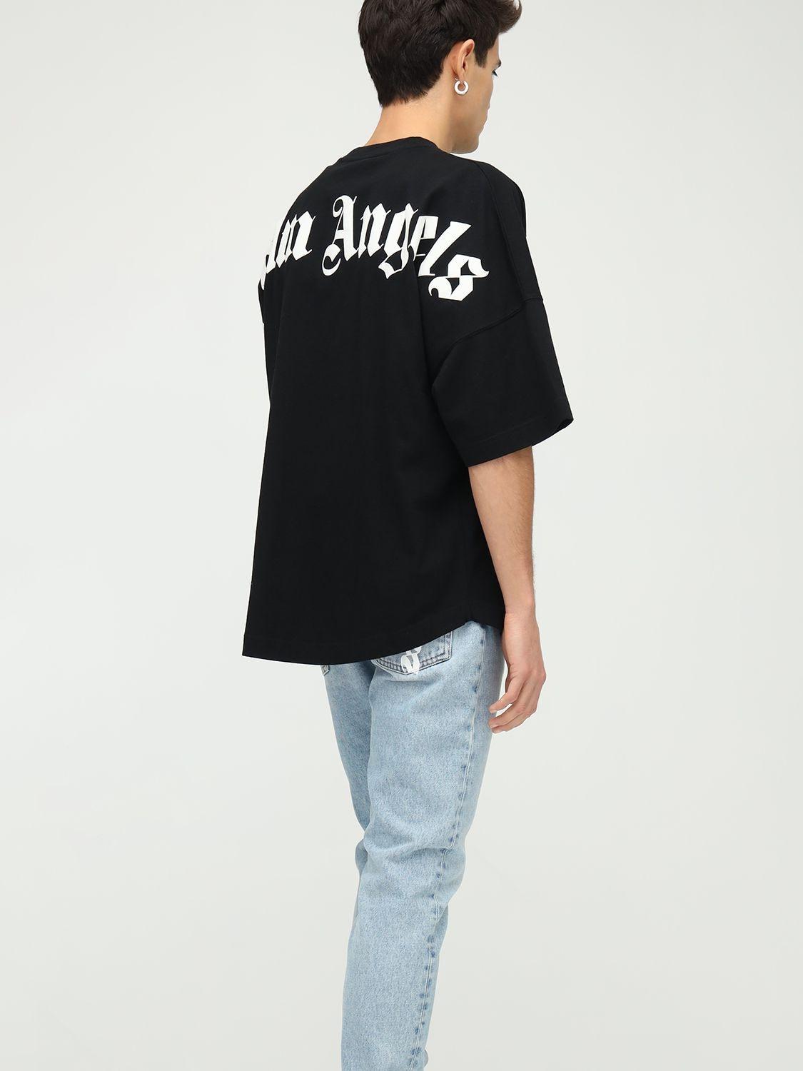 Palm Angels Logo Print Over Cotton Jersey T-shirt in Black/White 