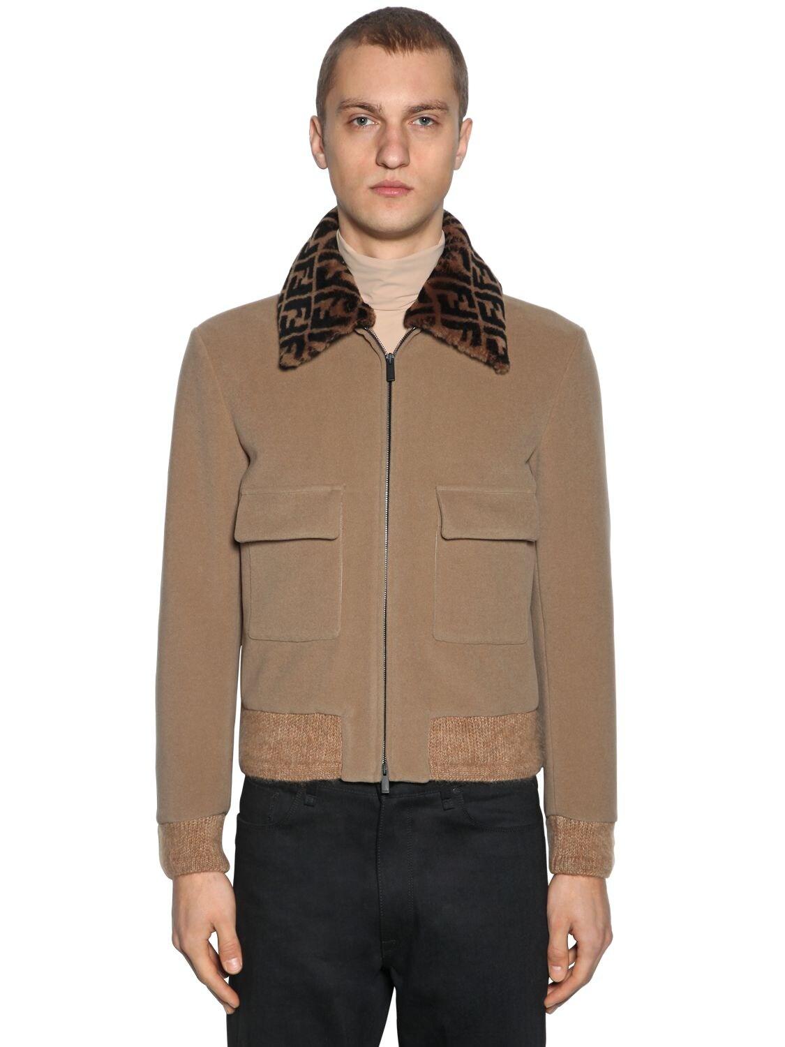 Fendi Wool Bomber Jacket W/logo Fur Collar in Natural for Men | Lyst