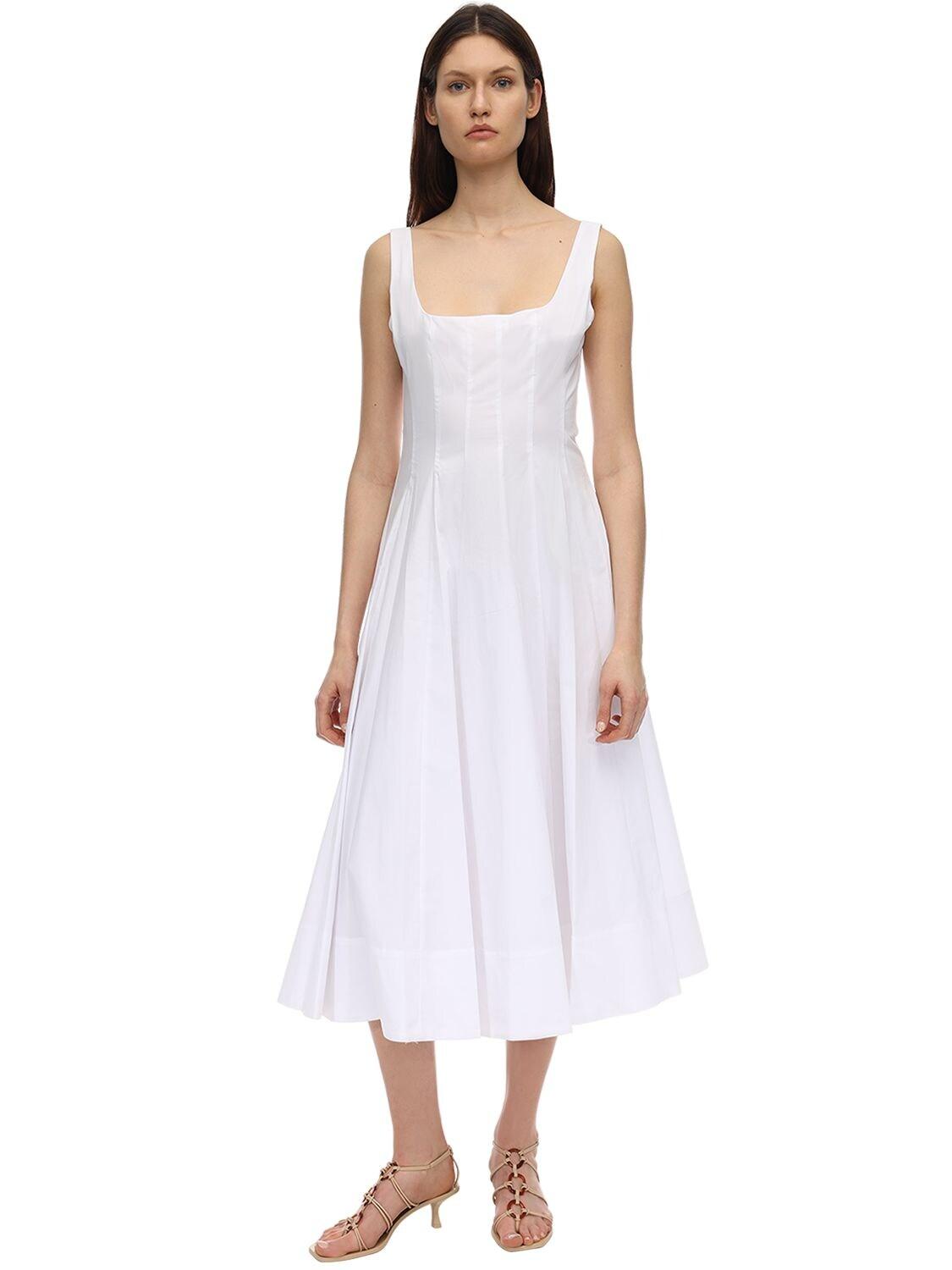 STAUD Cotton Poplin Midi Dress in White - Lyst