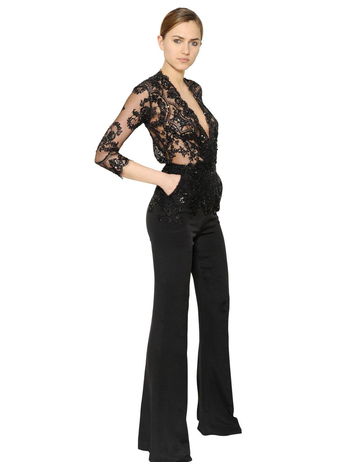 Zuhair Murad Embellished Lace & Crepe Jumpsuit in Black - Lyst