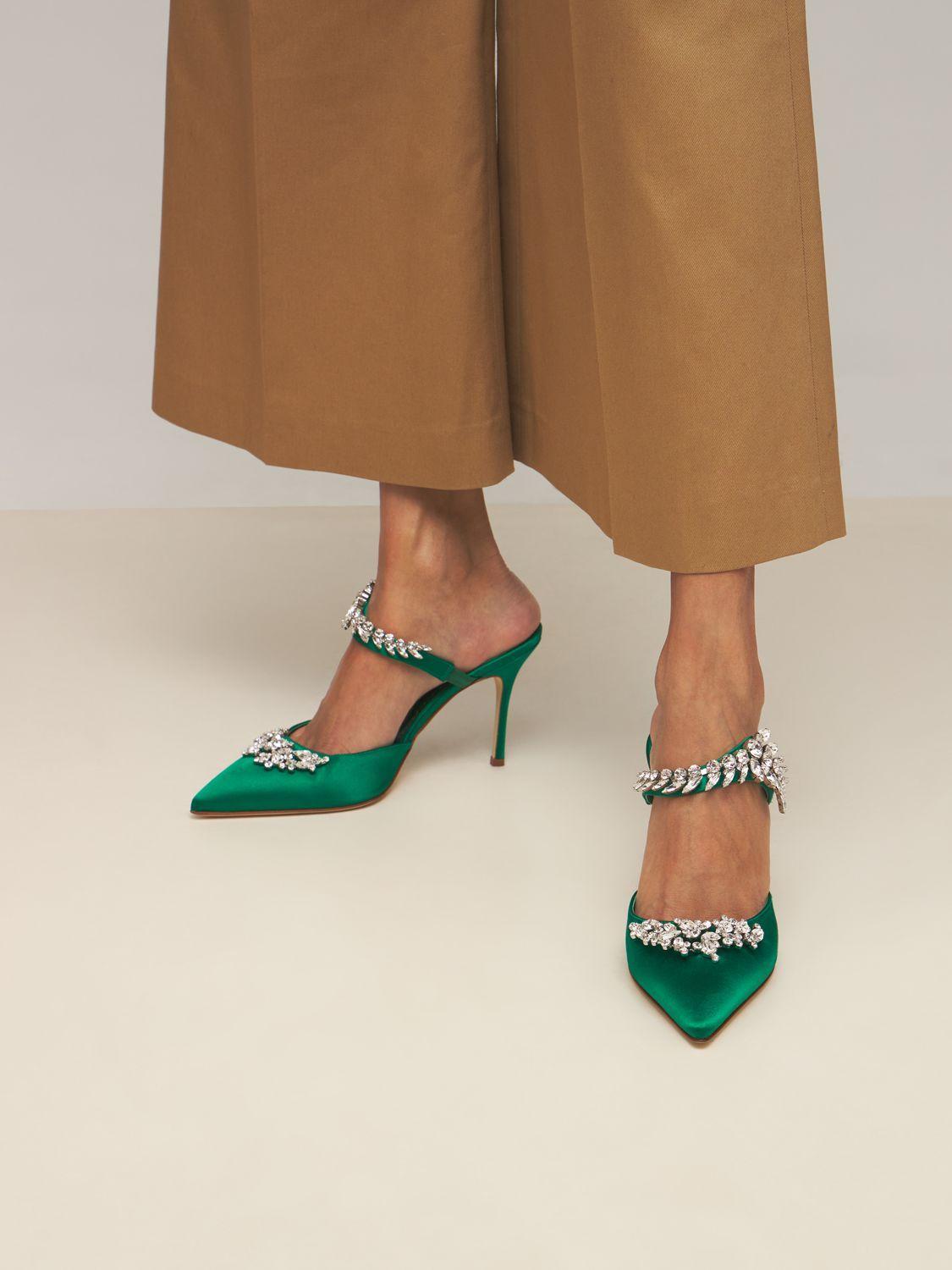 Manolo Blahnik Lurum Crystal embellished Satin Mules in Green Lyst