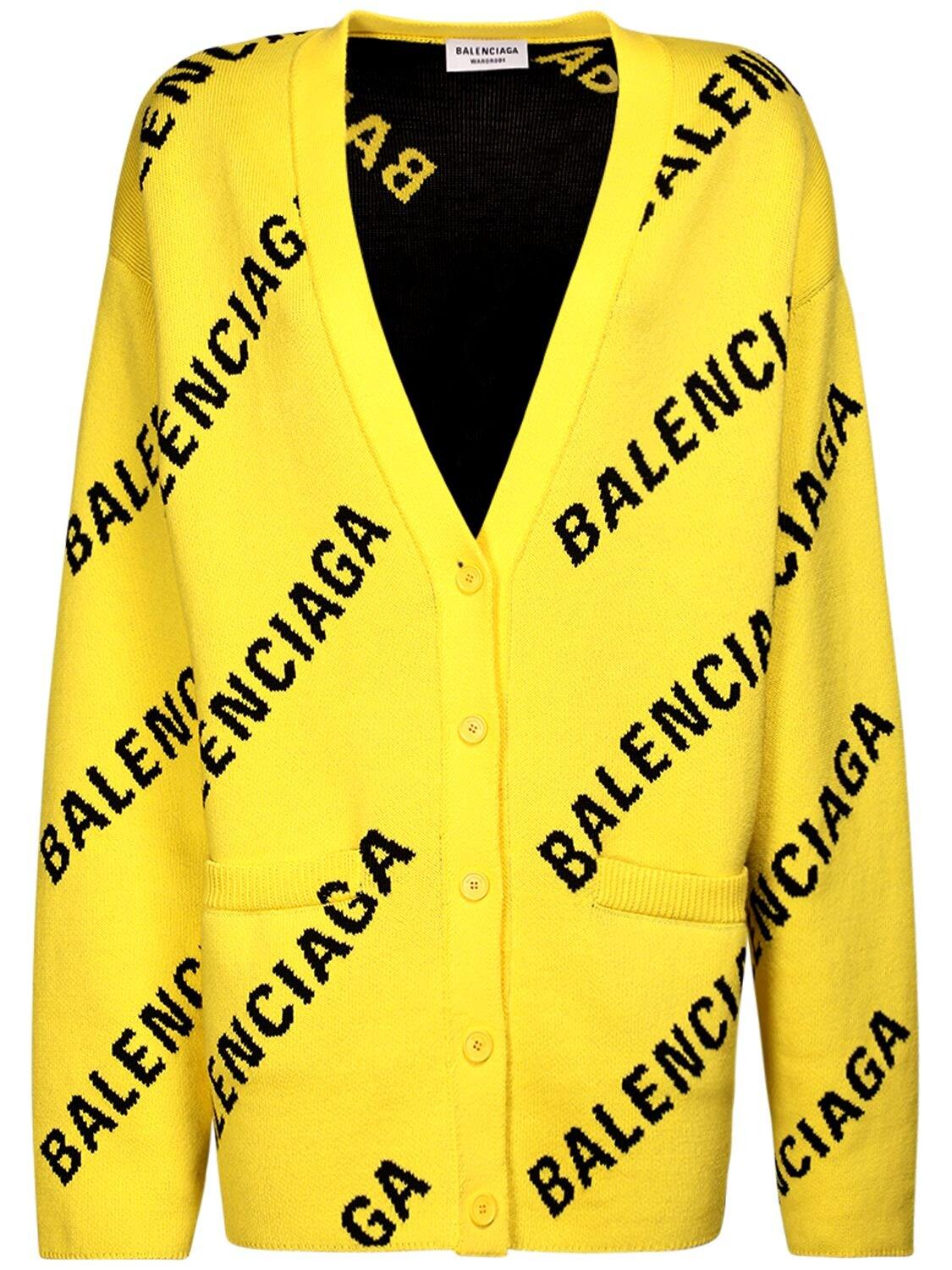 Balenciaga Logo Cotton Blend Knit V Neck Cardigan in Yellow | Lyst