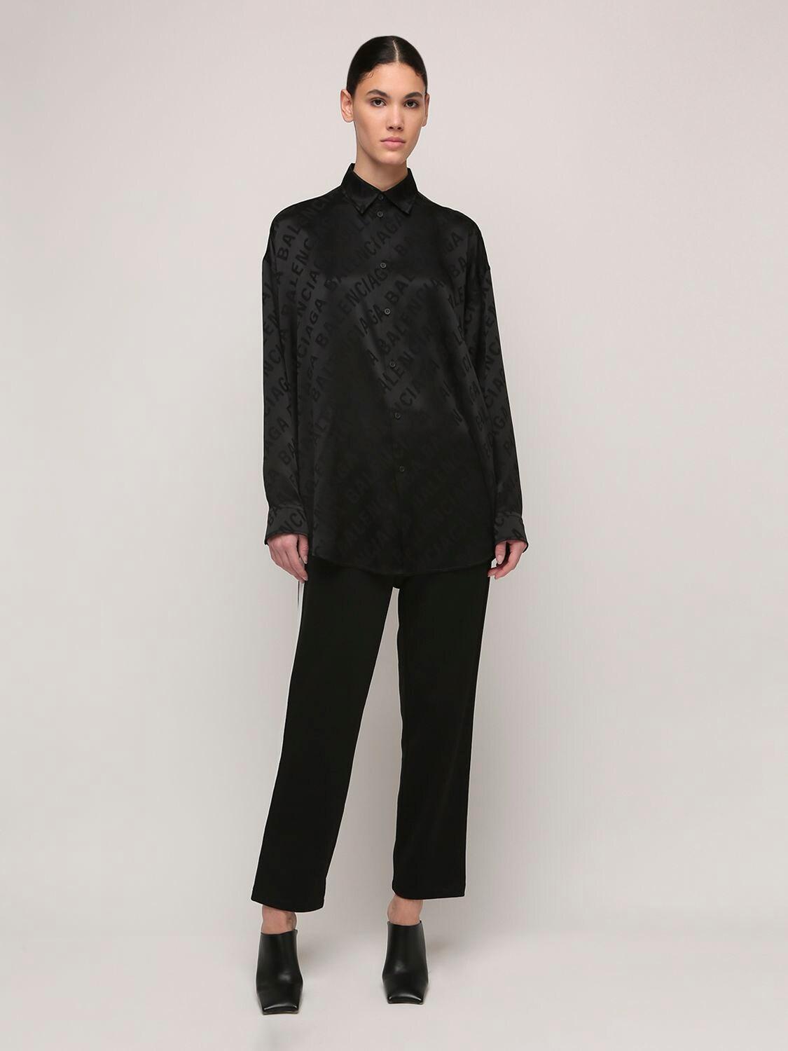 Balenciaga Oversize Logo Jacquard Silk Satin Shirt in Black | Lyst