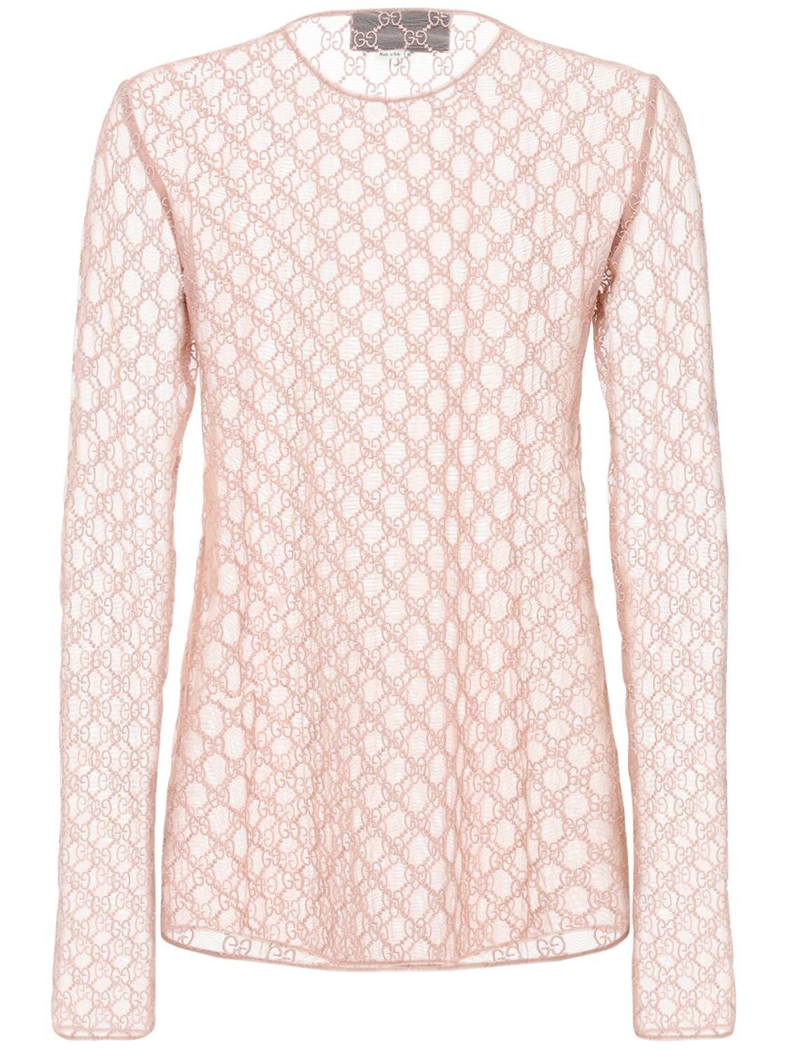 Gucci Gg Embroidered Tulle Top in Light Pink (Pink) - Lyst