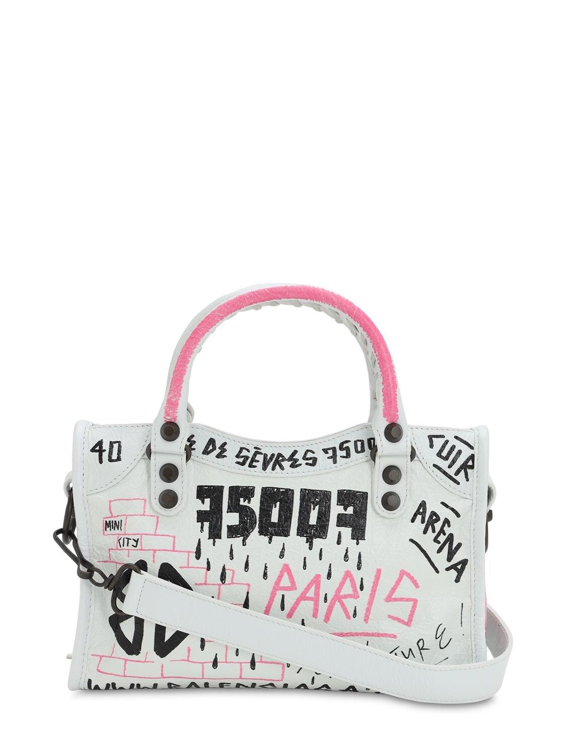 Balenciaga Mini City Graffiti Logo Tote Bag in White