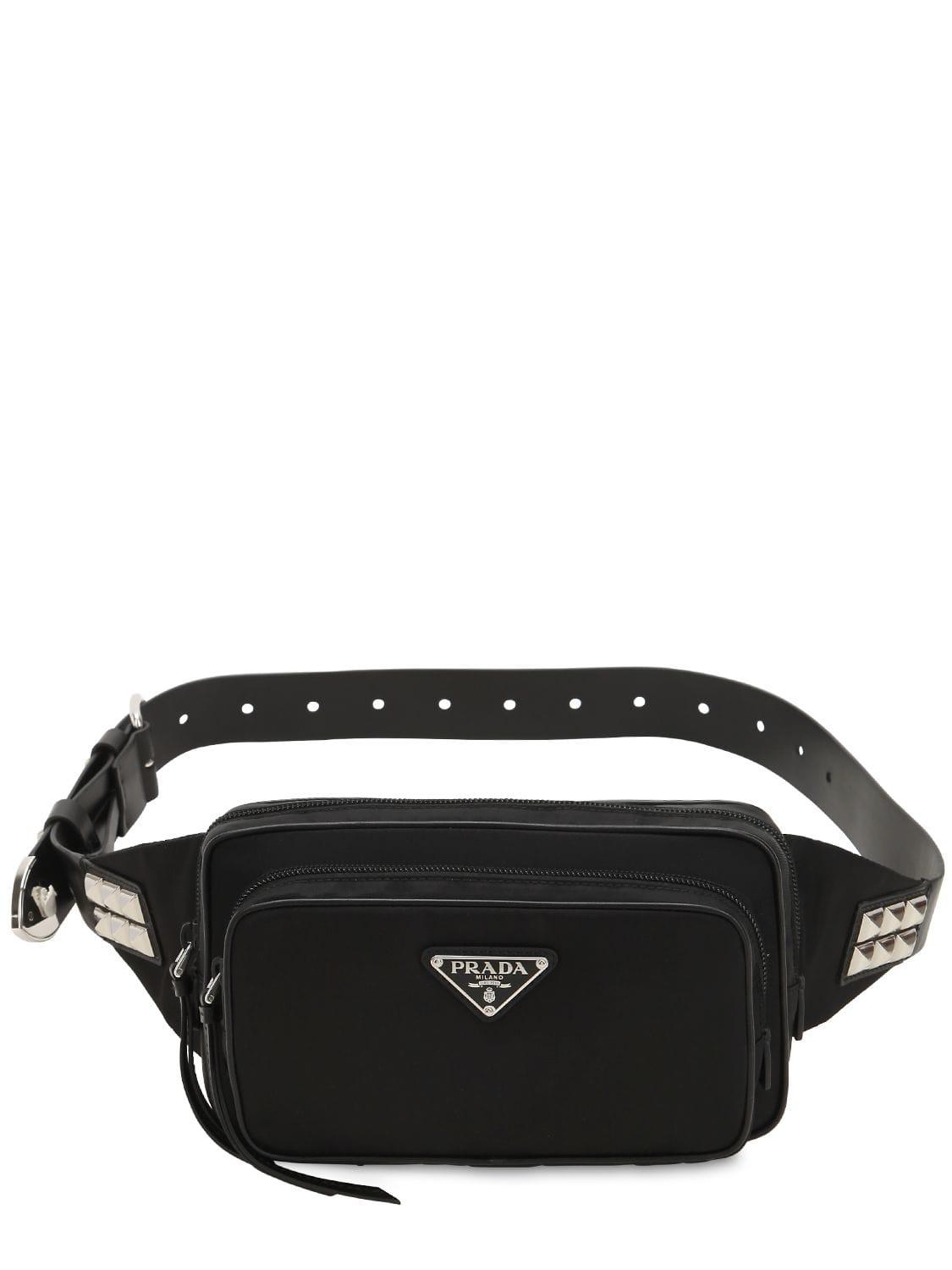 Prada New Vela Nylon Belt Bag W/ Studs in Black | Lyst