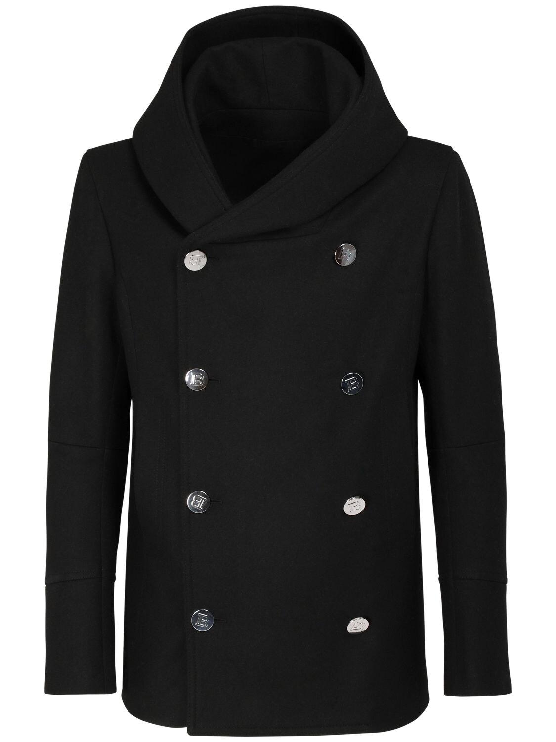 Balmain Hooded Wool Pea Coat in Black for Men | Lyst