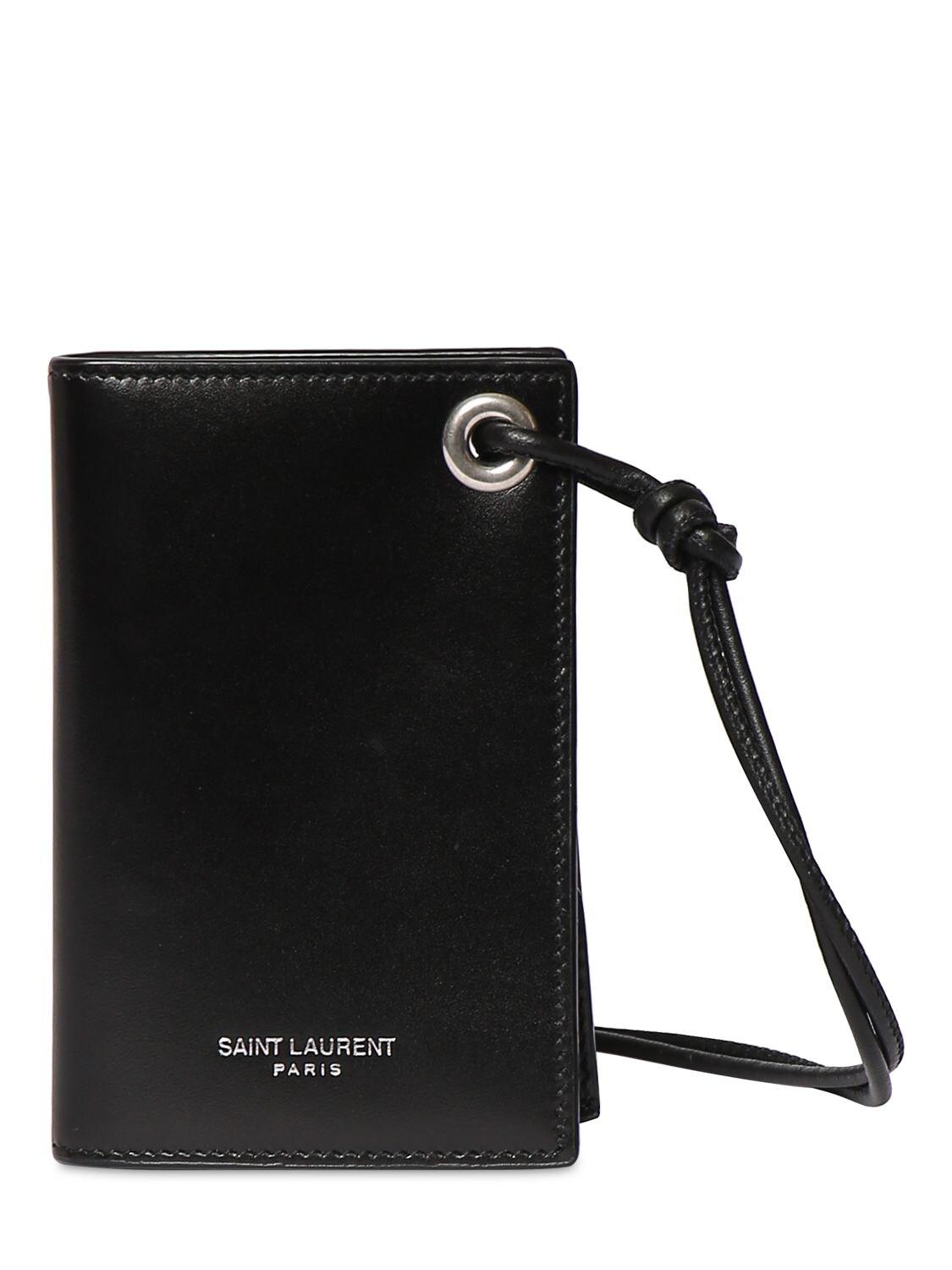 Saint Laurent Ysl Leather Card Holder W/ Neck Strap in Black for