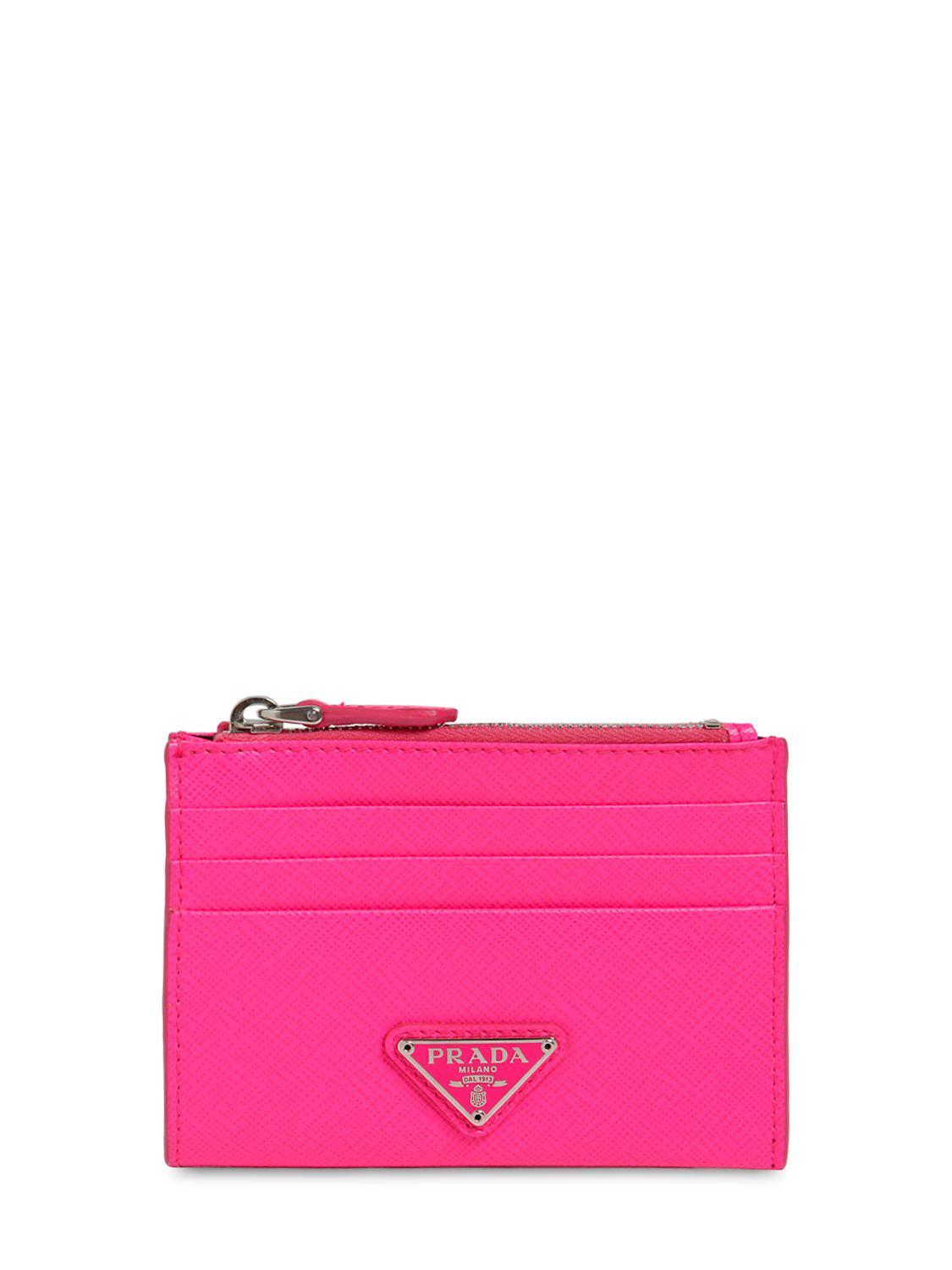 Prada Saffiano Leather Credit Card Holder in Neon Fuchsia (Pink 