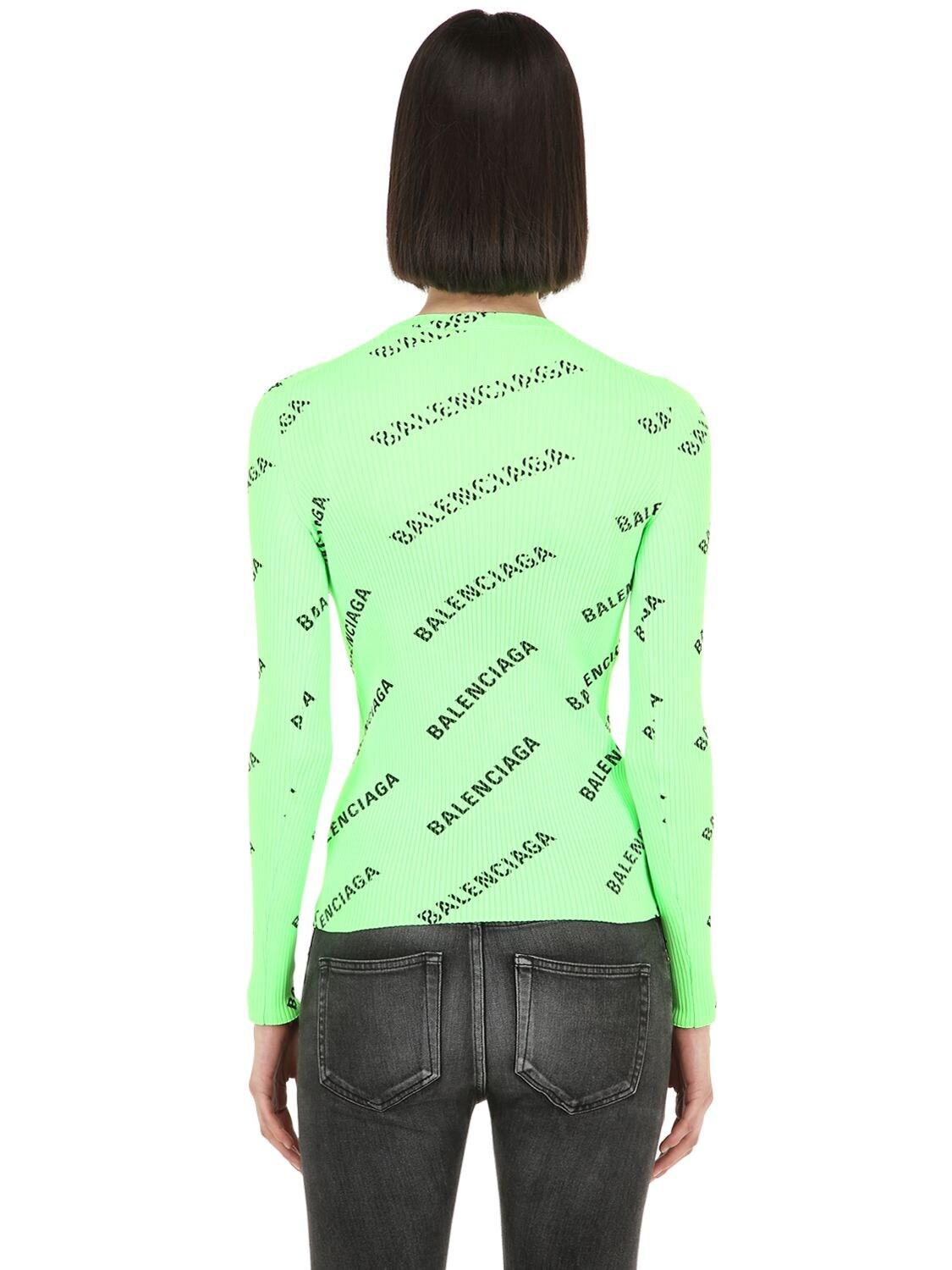 Balenciaga Logo Print Rib Knit Sweater in Neon Green (Green) Lyst