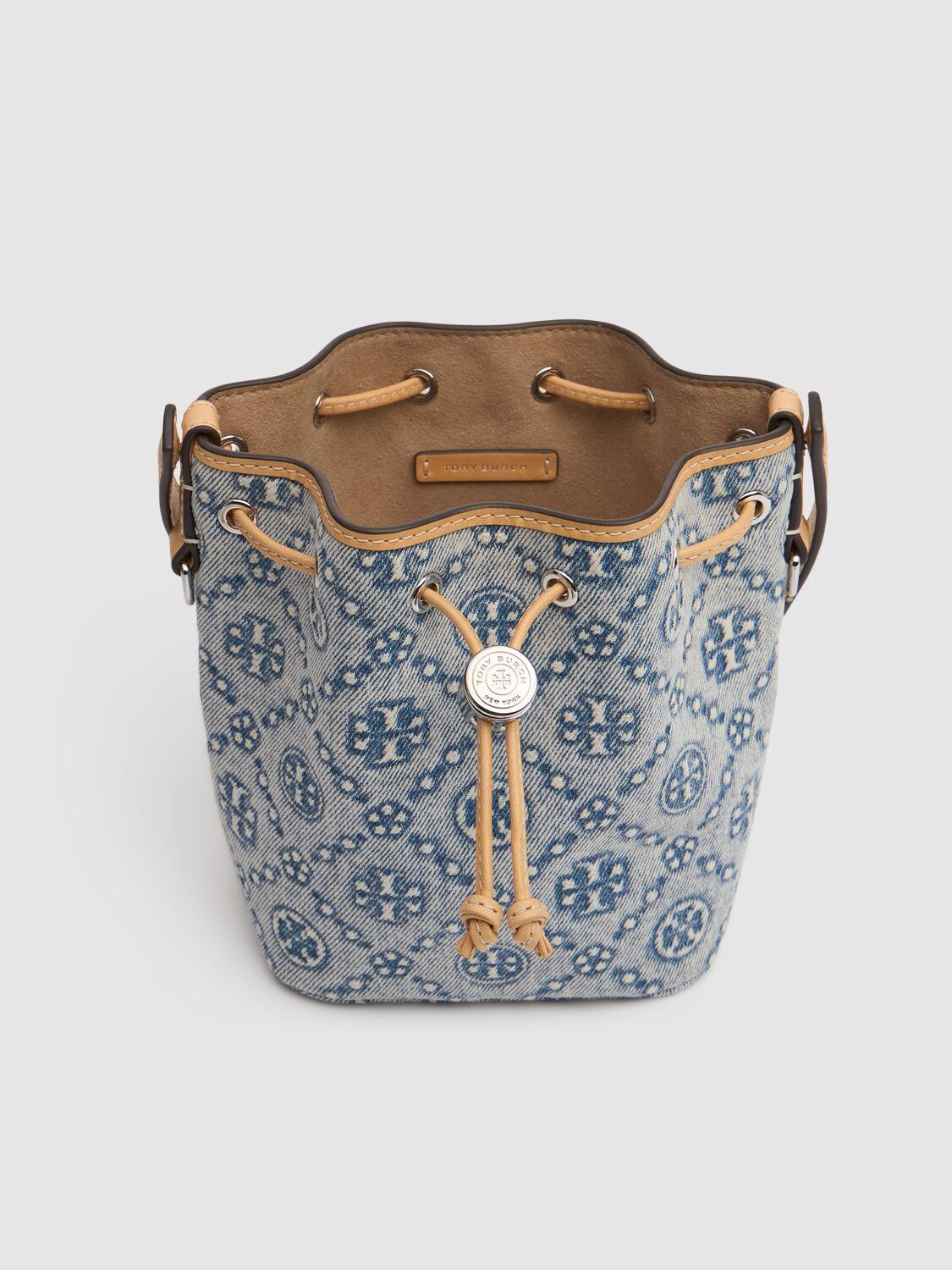Tory Burch Mini T Monogram Denim Bucket Bag in Blue | Lyst