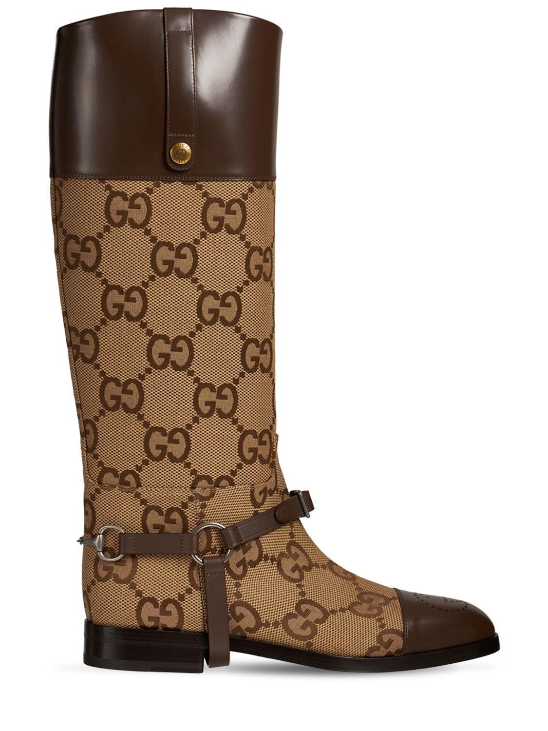Gucci Gg Canvas & Leather Knee Boots W/harness in Brown for Men | Lyst