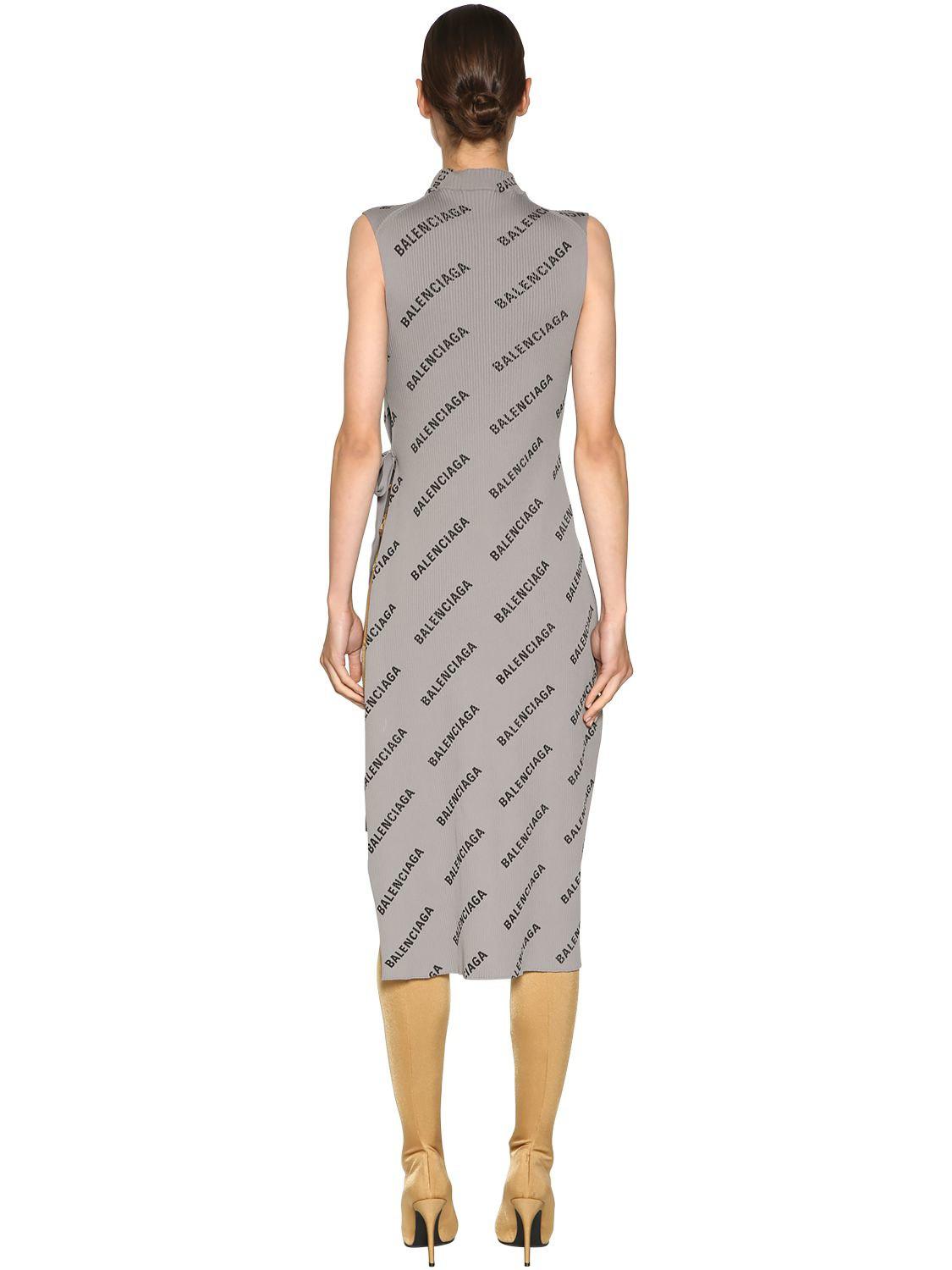 Balenciaga Logo Print Rib Knit Wrap Dress in Grey | Lyst Australia