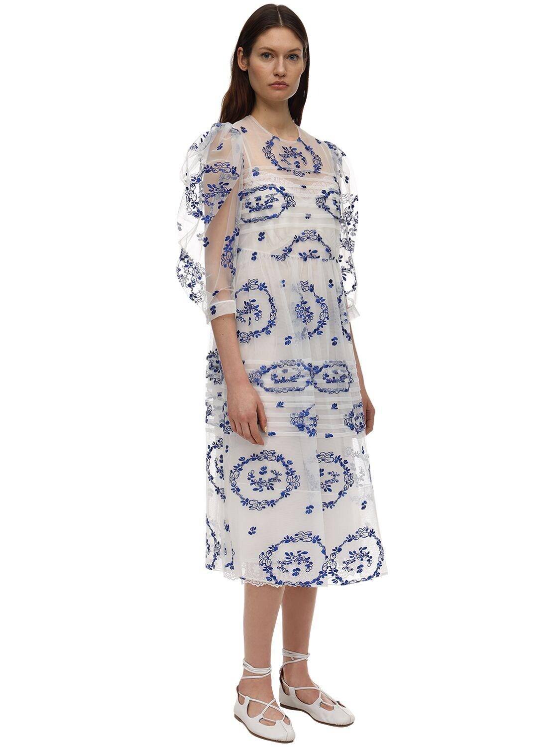 Simone Rocha Delft Embroidered Tulle Midi Dress in Blue | Lyst
