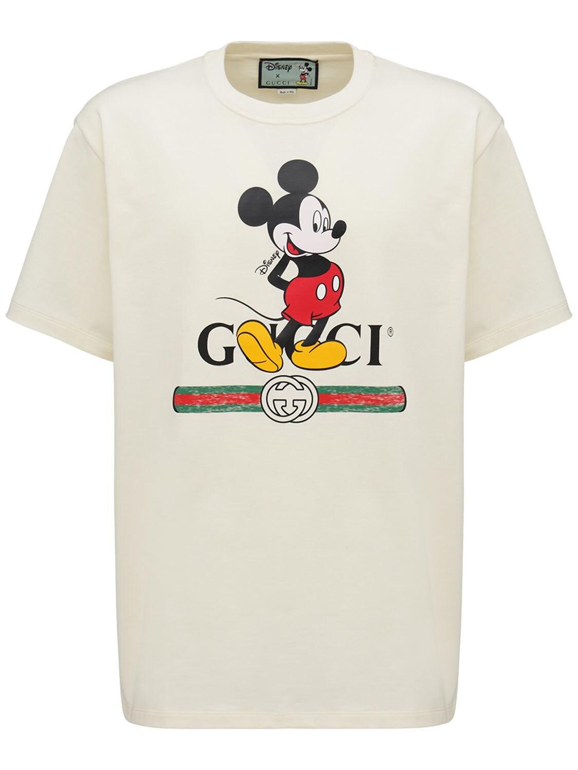  Gucci  Logo Mickey  Mouse Print Cotton T shirt  in White for 