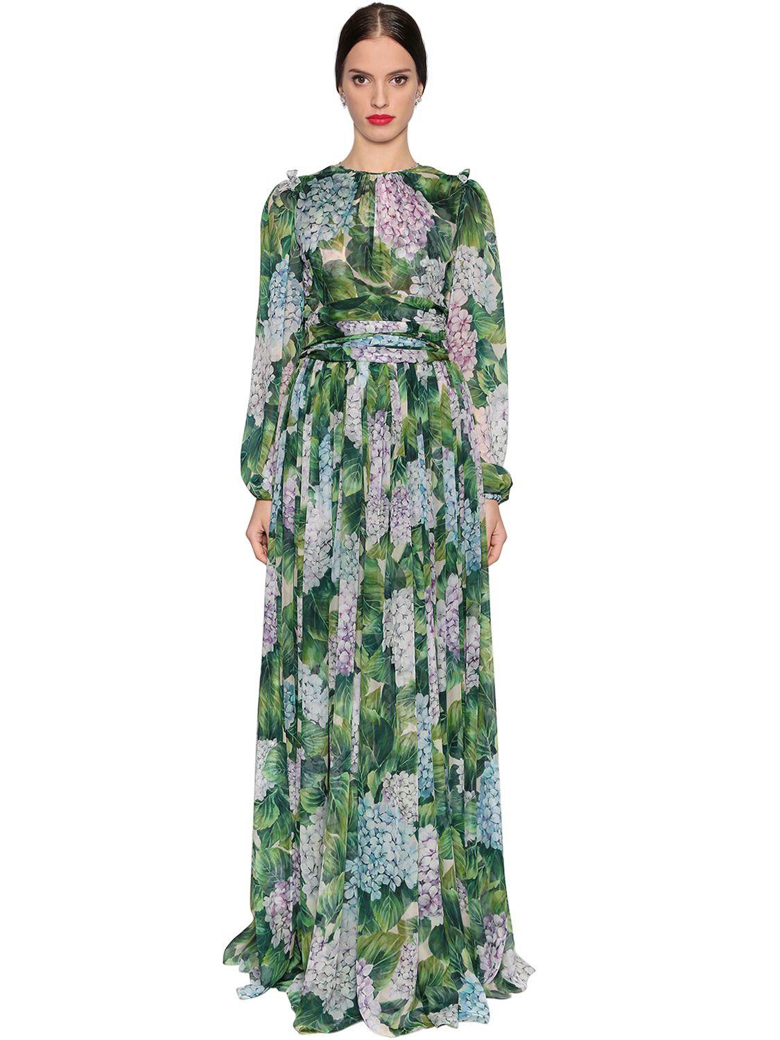 Dolce & Gabbana Hydrangea Printed Silk Chiffon Dress in Green | Lyst