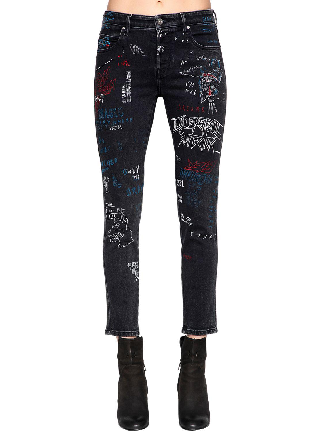 DIESEL Slim Skinny Graffiti Cotton Denim Jeans in Black Lyst