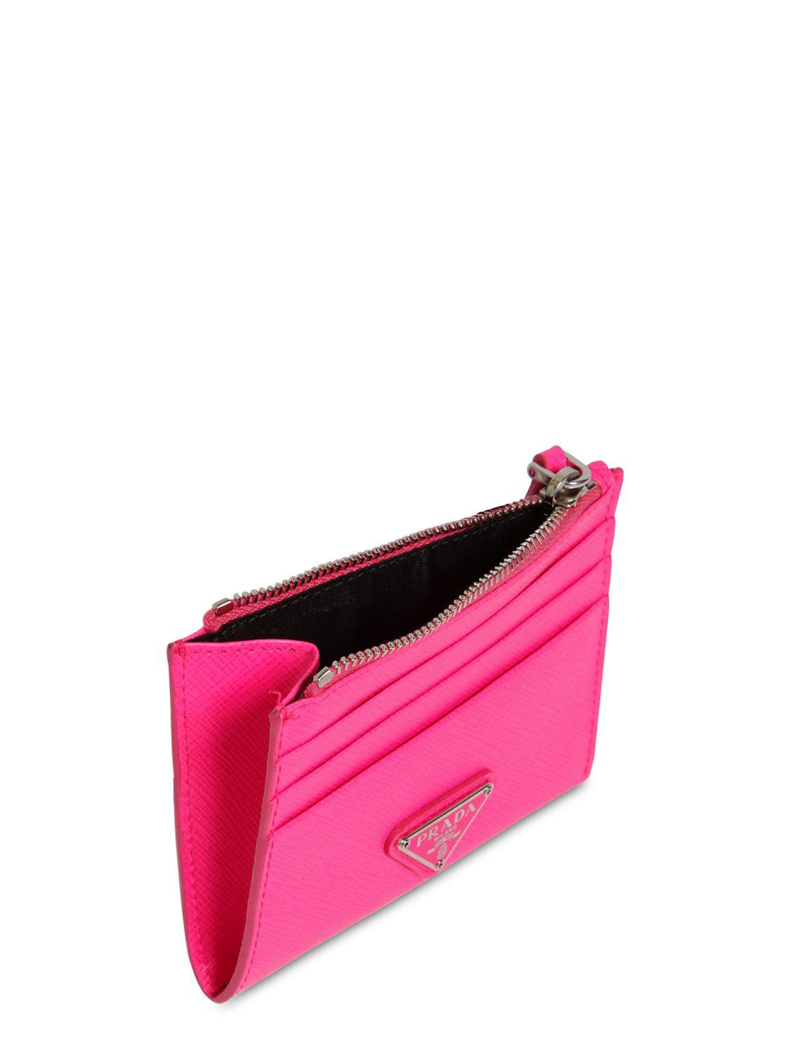Prada Saffiano Leather Credit Card Holder in Neon Fuchsia (Pink 