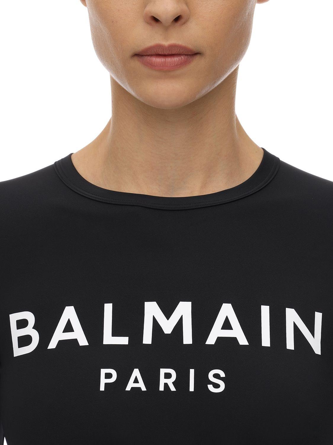 Balmain Synthetic Logo Print Lycra Crop Top in Black | Lyst
