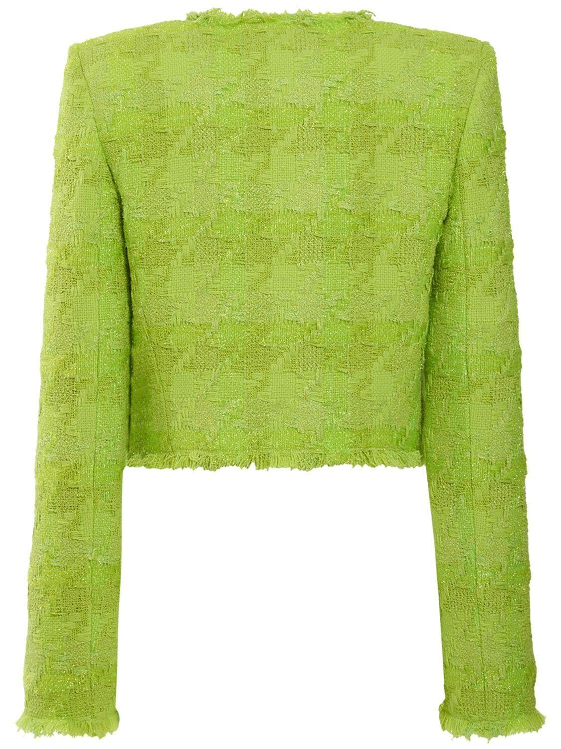 Versace Wool Blend Lurex Tweed Crop Jacket in Green | Lyst