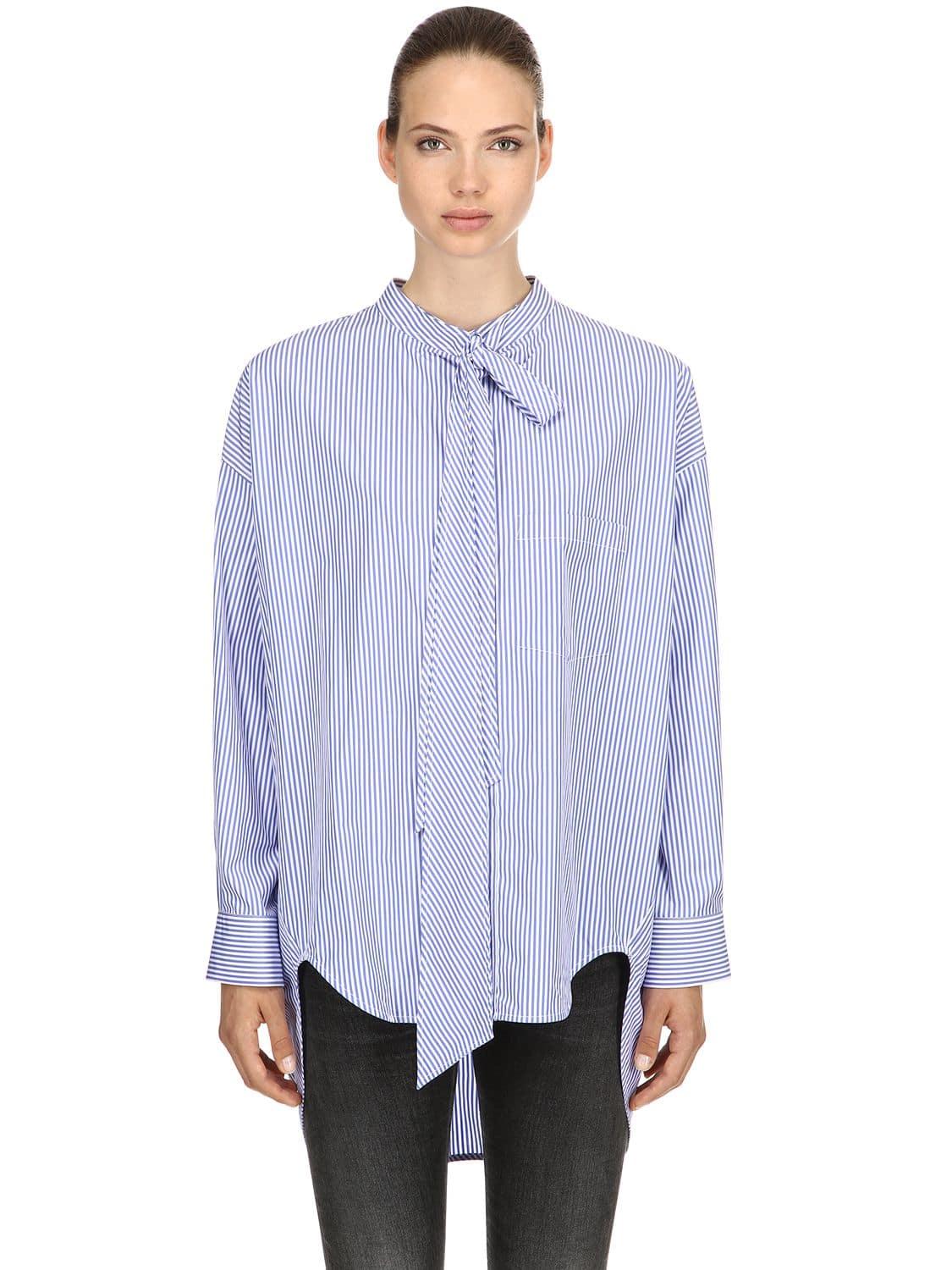 Balenciaga Oversize Logo Print Striped Poplin Shirt in Blue Lyst
