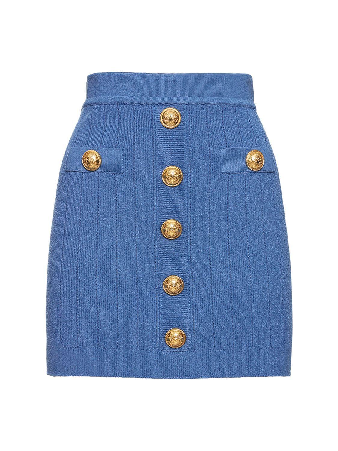 Balmain Ribbed Knit Mini Skirt W/ Buttons in Blue | Lyst